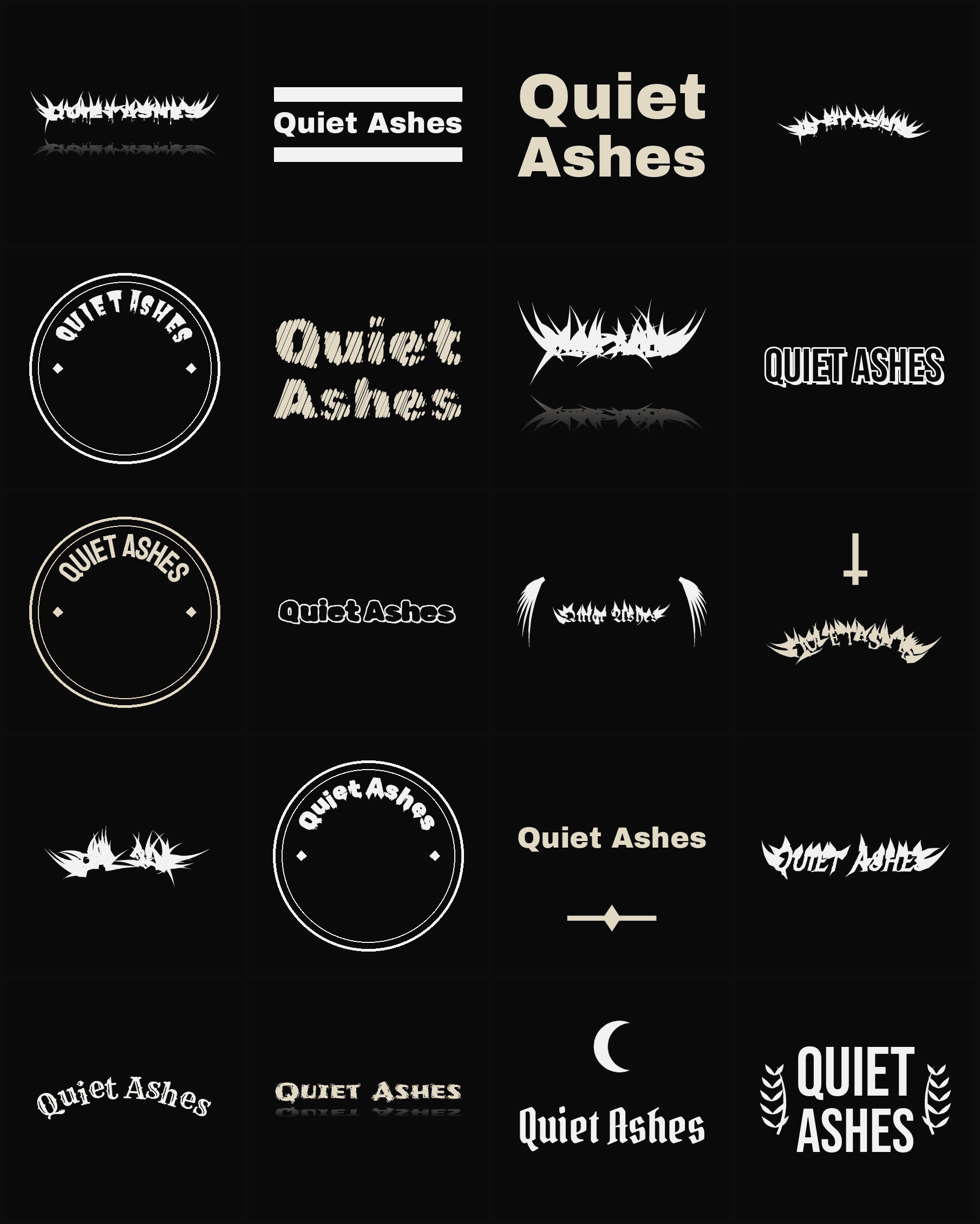 Twenty Quiet Ashes band logo ideas — different faces, treatments and spike settings