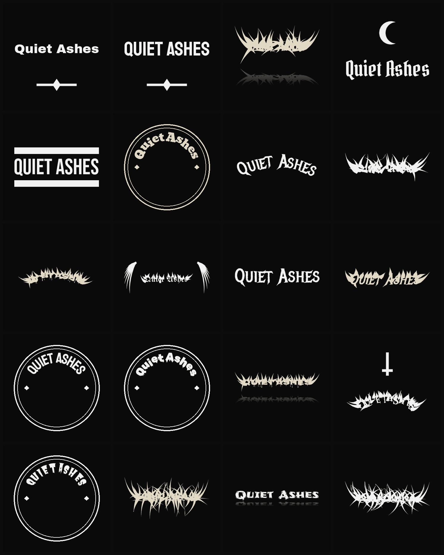 Twenty Quiet Ashes band logo ideas — different faces, treatments and spike settings