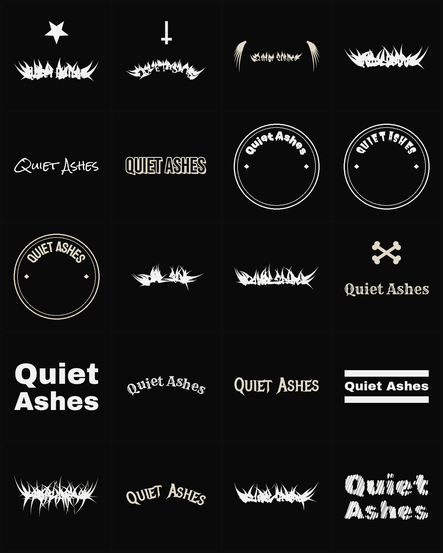 Twenty Quiet Ashes band logo ideas — different faces, treatments and spike settings