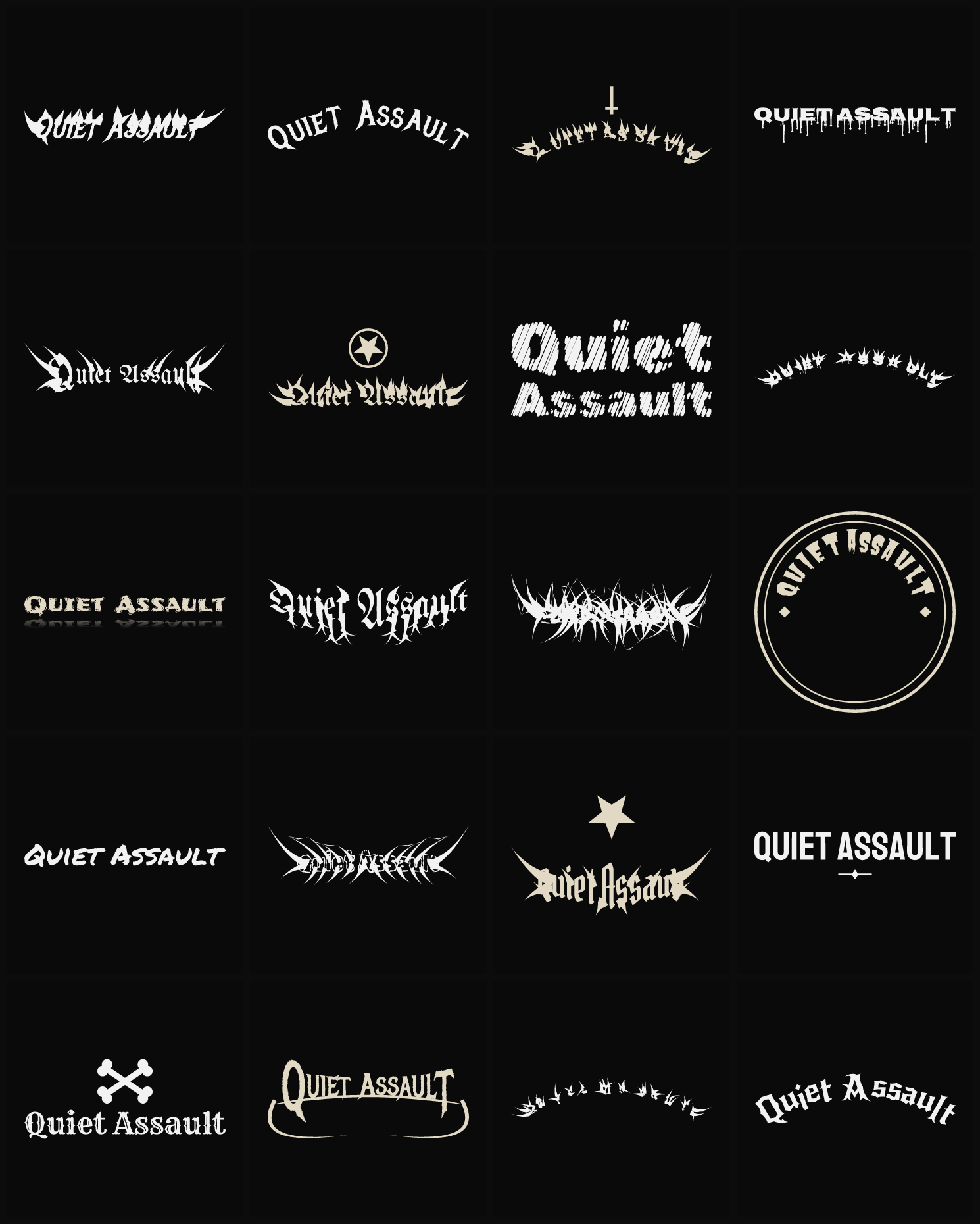 Twenty Quiet Assault band logo ideas — different faces, treatments and spike settings