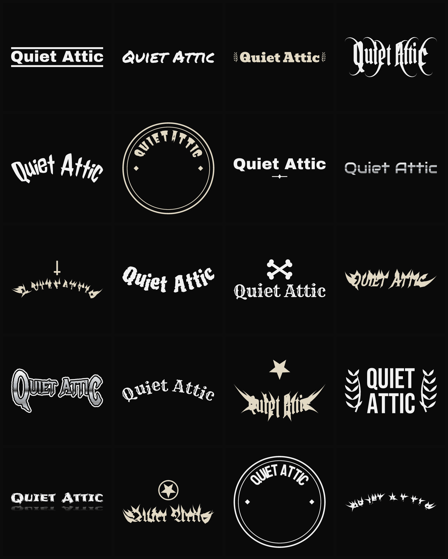 Twenty Quiet Attic band logo ideas — different faces, treatments and spike settings