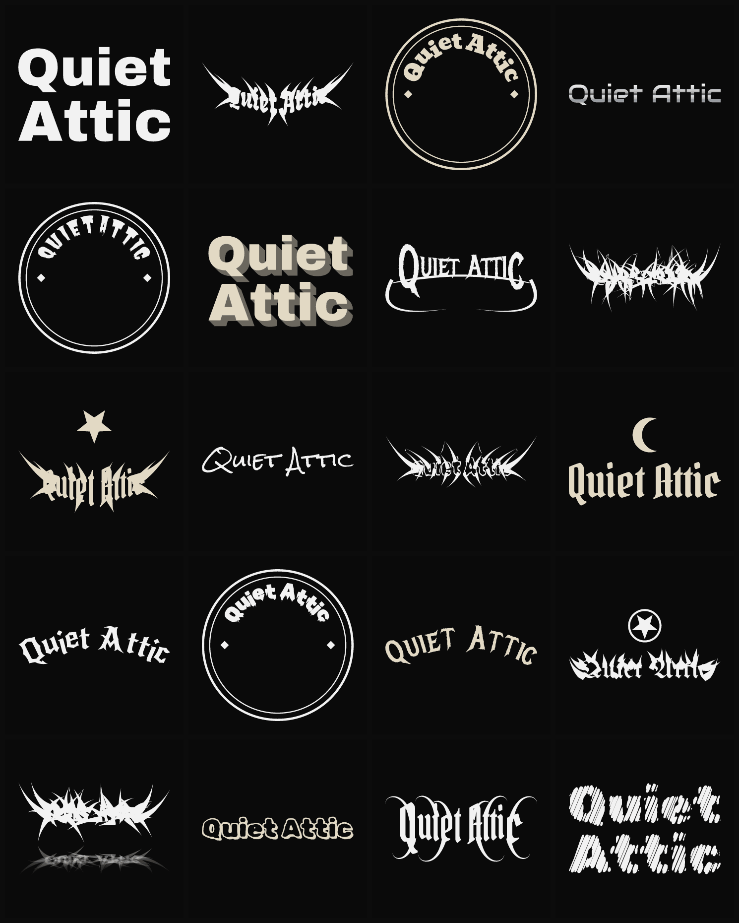 Twenty Quiet Attic band logo ideas — different faces, treatments and spike settings