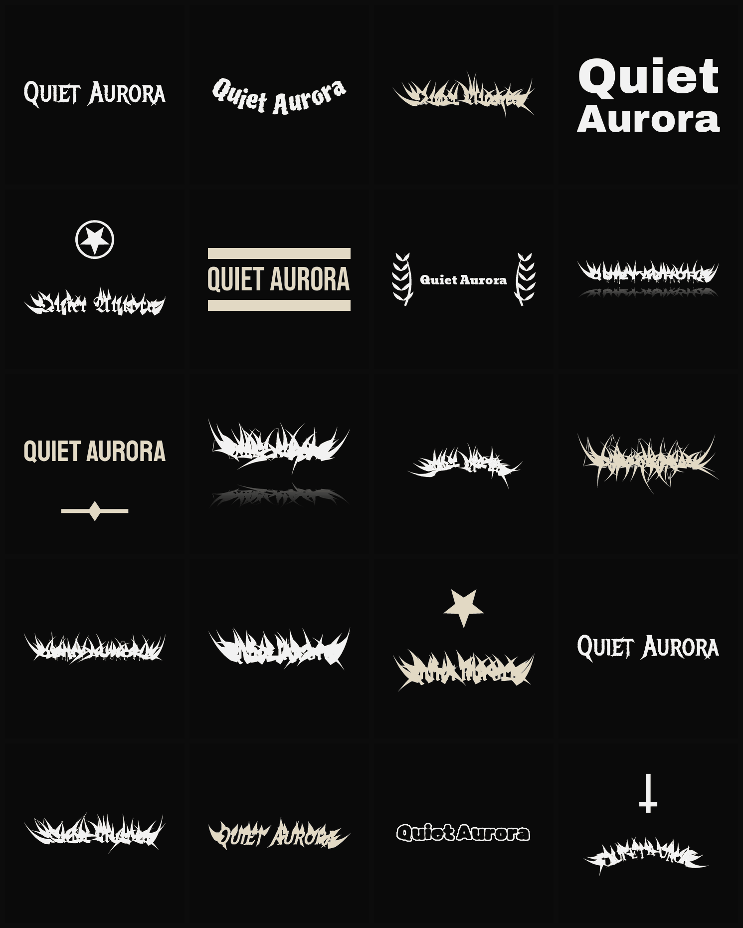 Twenty Quiet Aurora band logo ideas — different faces, treatments and spike settings