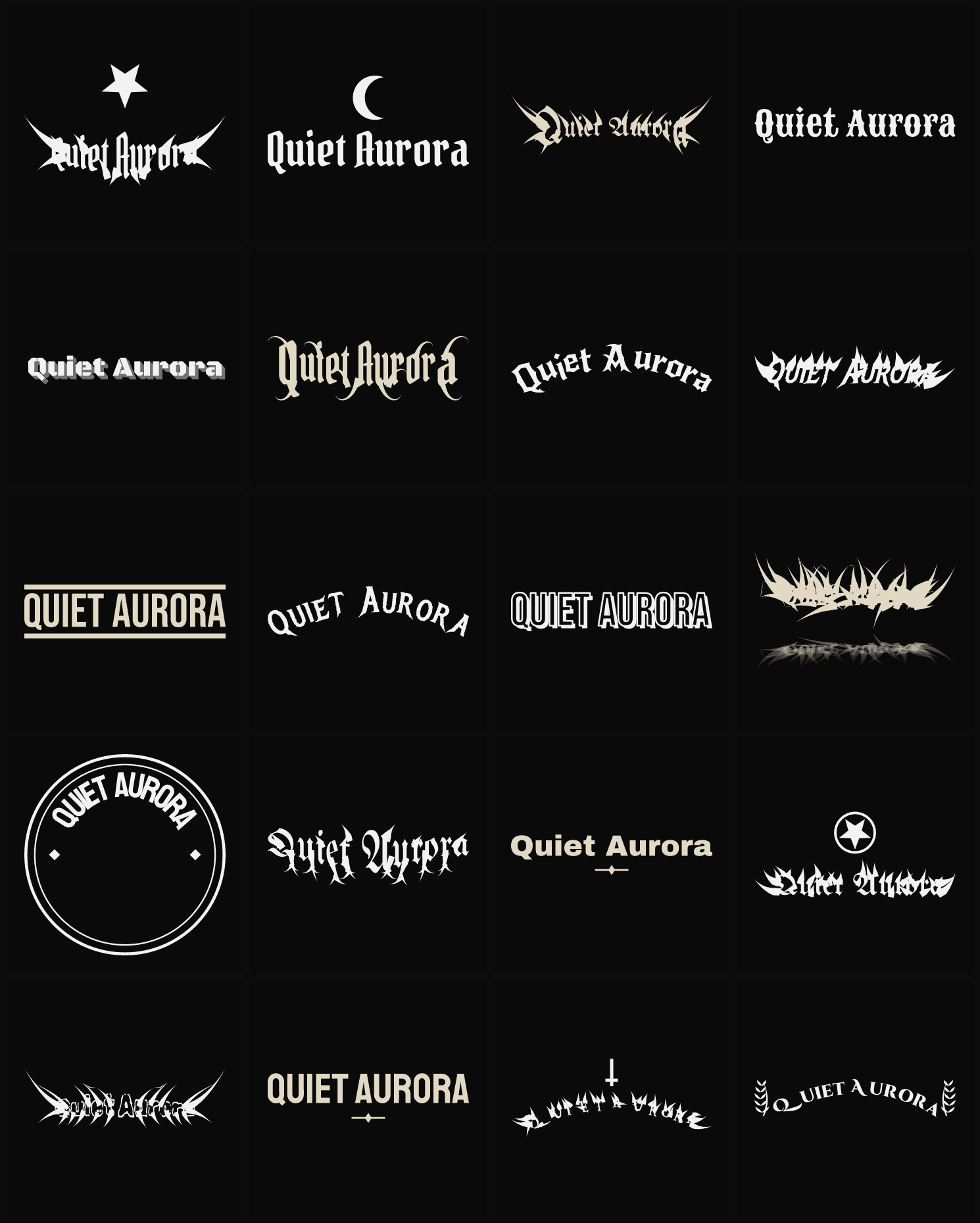 Twenty Quiet Aurora band logo ideas — different faces, treatments and spike settings