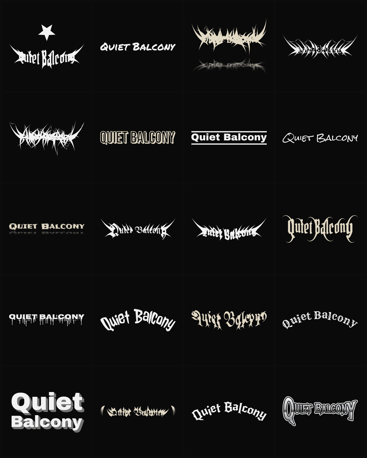 Twenty Quiet Balcony band logo ideas — different faces, treatments and spike settings