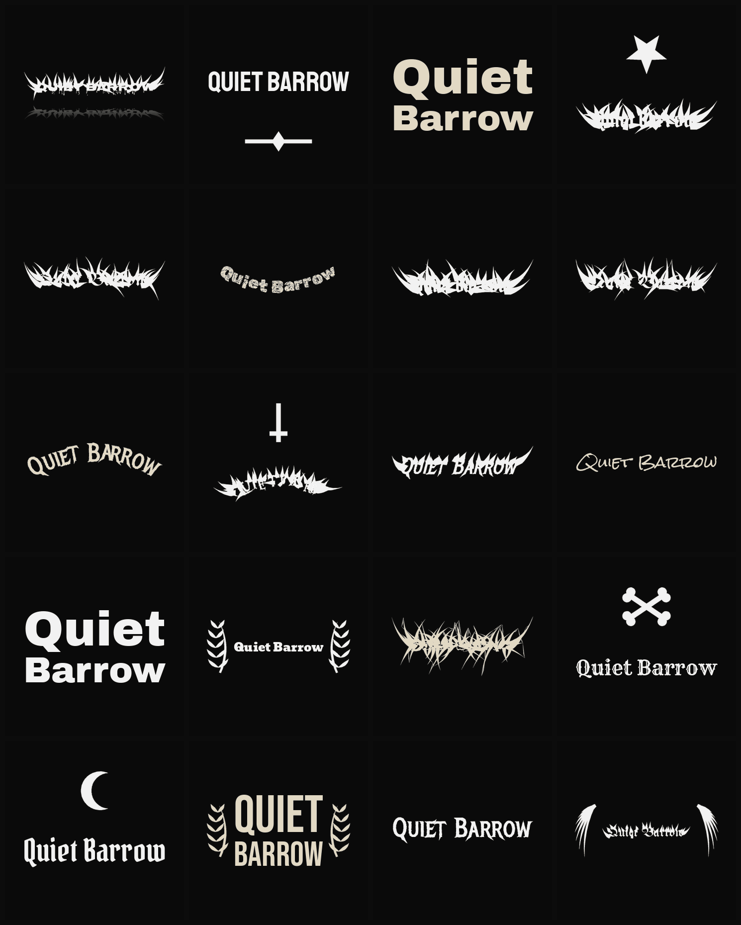 Twenty Quiet Barrow band logo ideas — different faces, treatments and spike settings