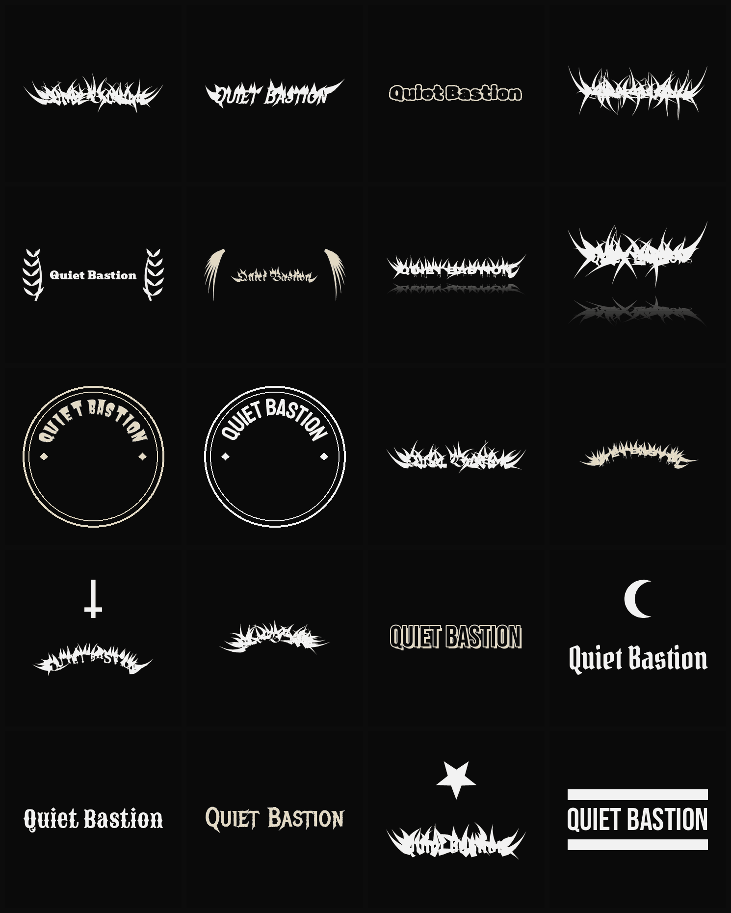 Twenty Quiet Bastion band logo ideas — different faces, treatments and spike settings