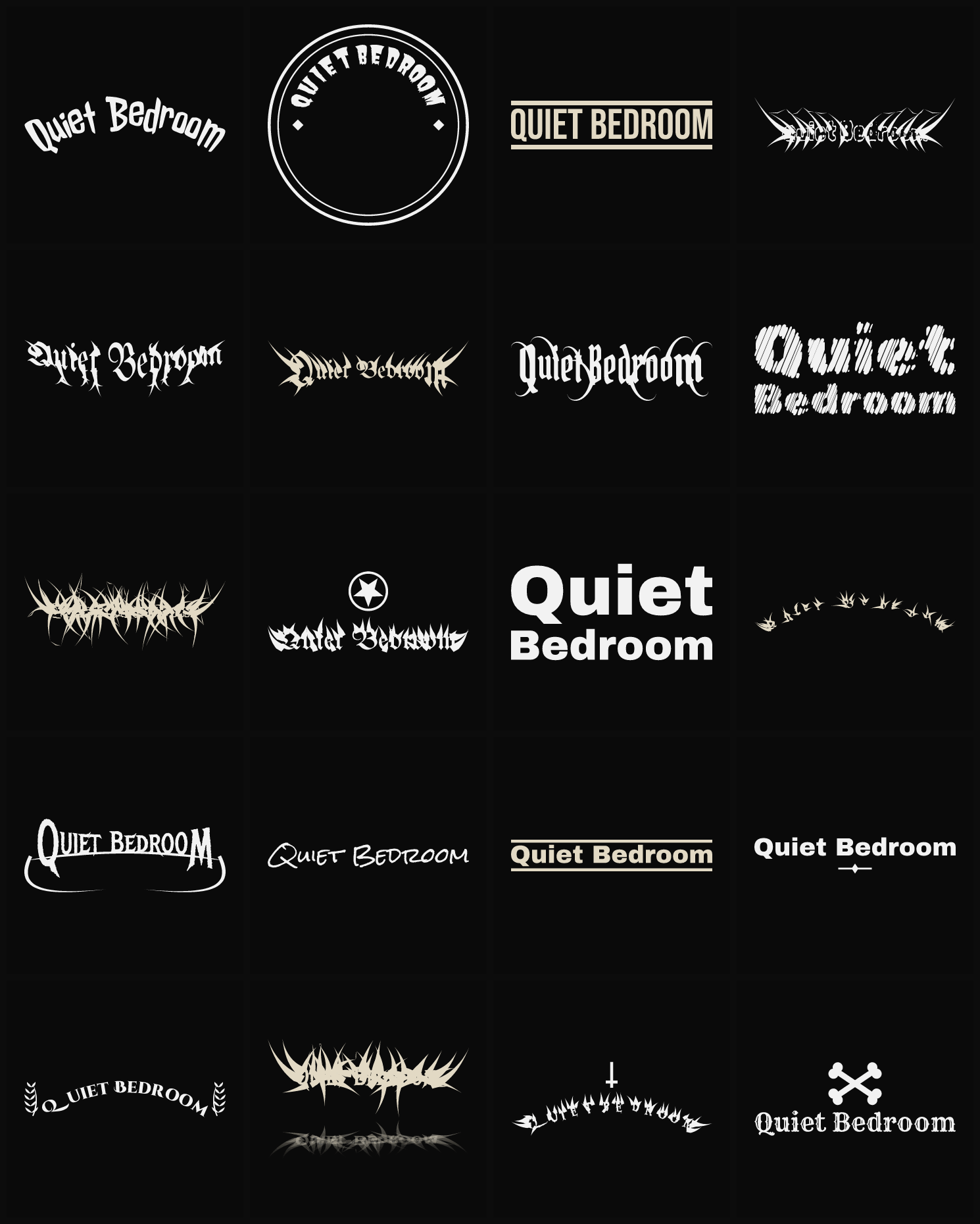 Twenty Quiet Bedroom band logo ideas — different faces, treatments and spike settings