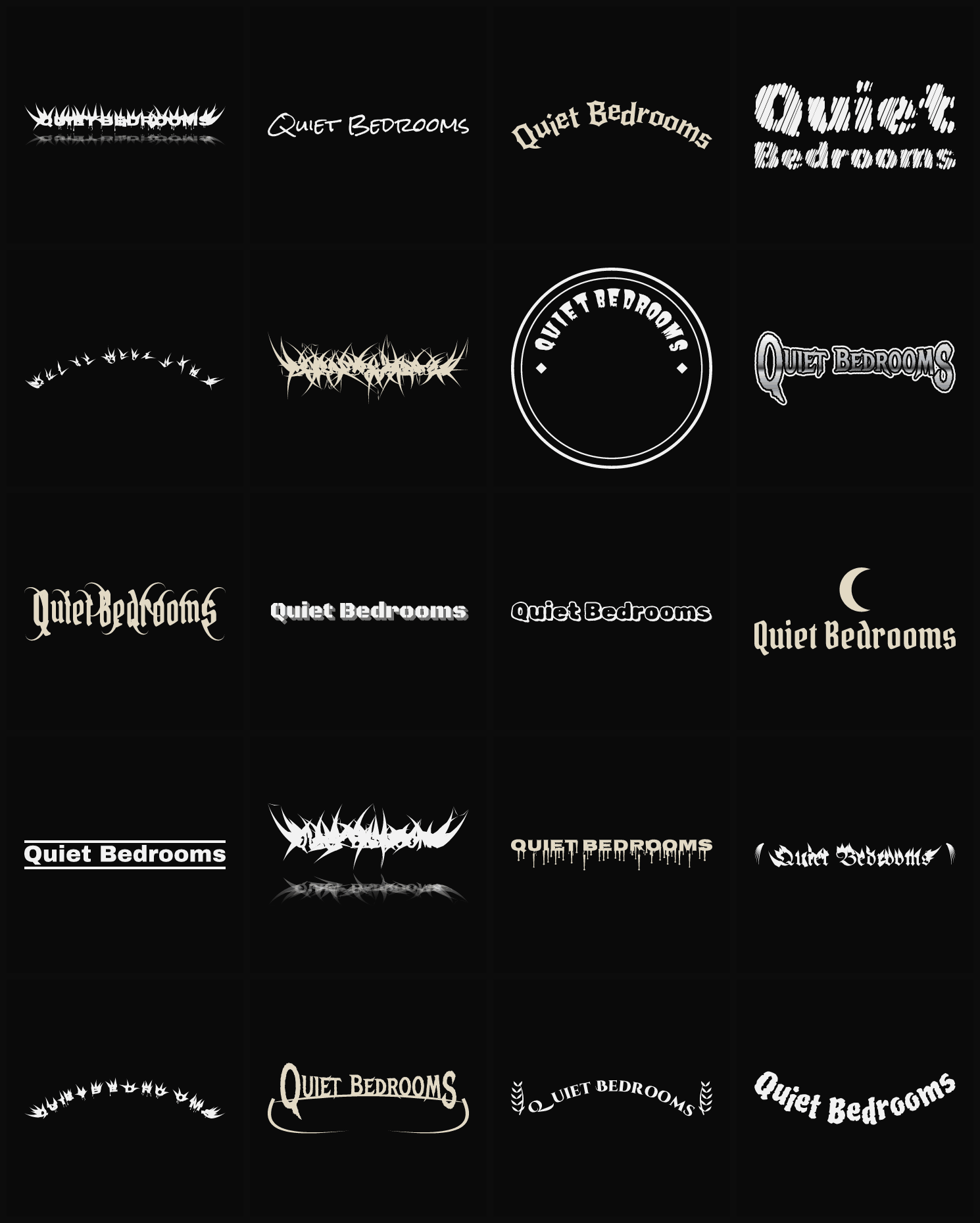 Twenty Quiet Bedrooms band logo ideas — different faces, treatments and spike settings
