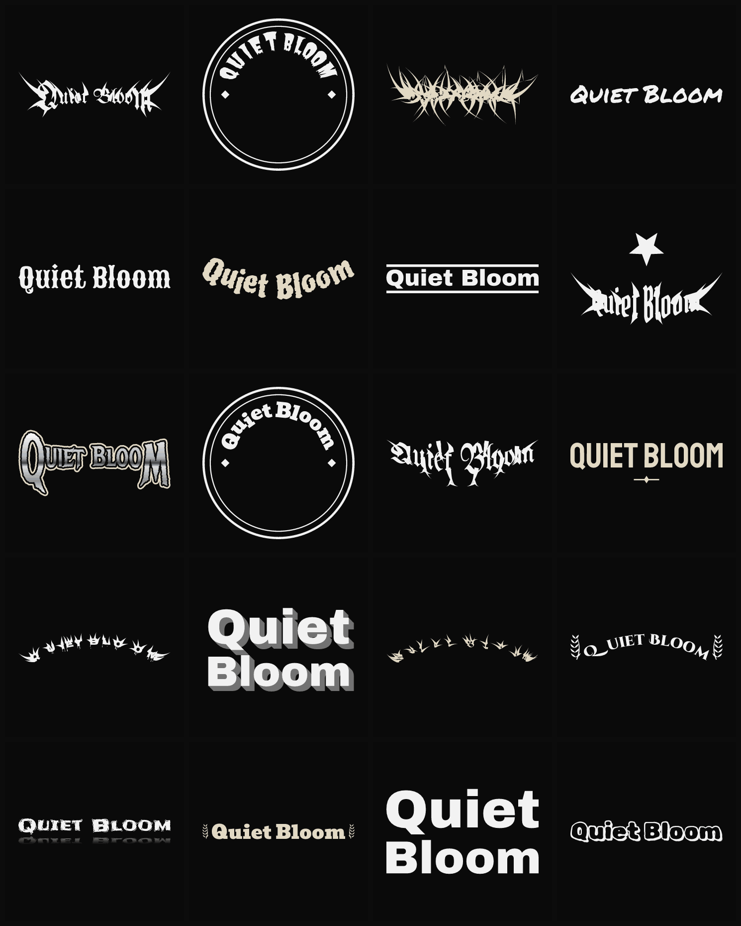 Twenty Quiet Bloom band logo ideas — different faces, treatments and spike settings
