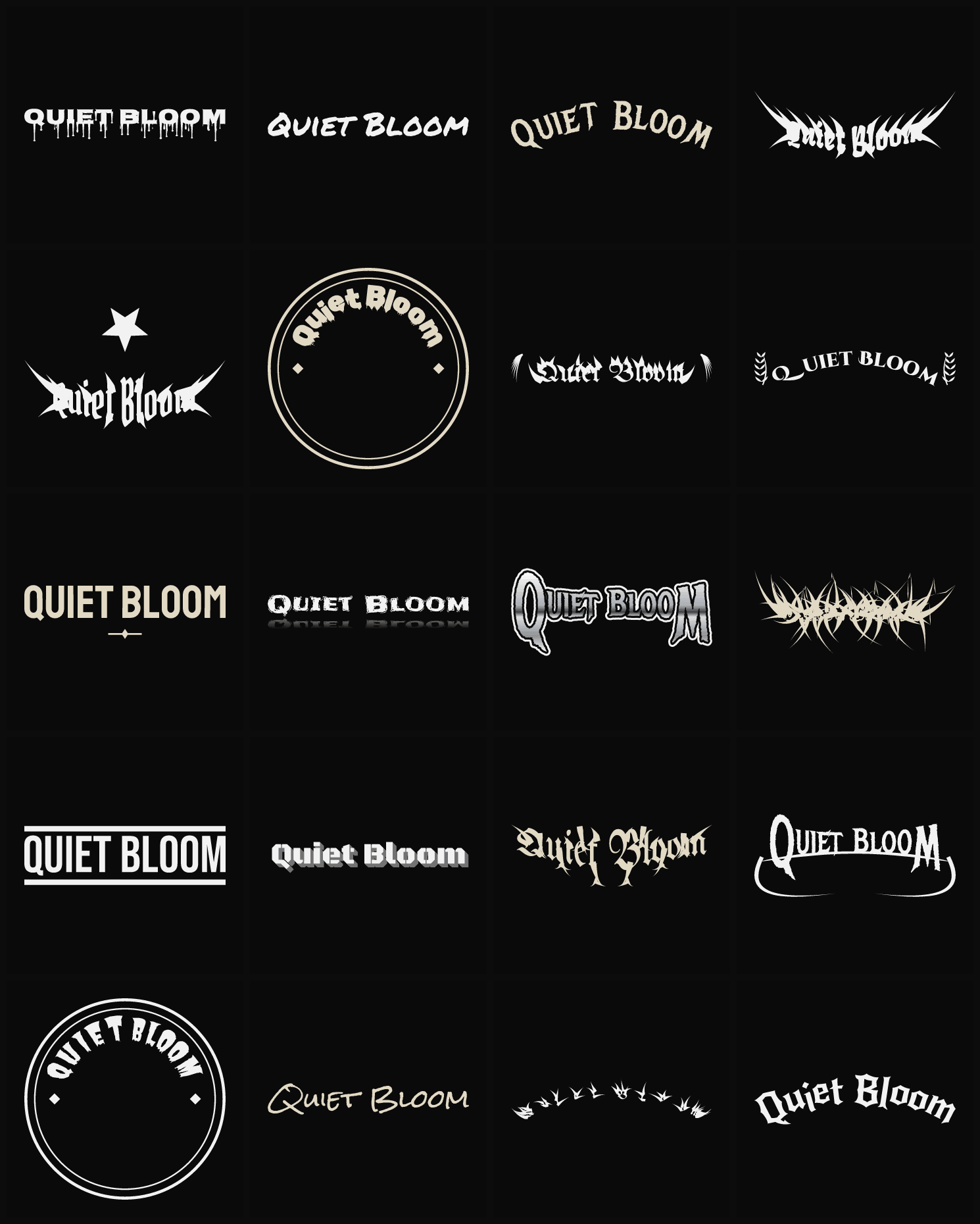 Twenty Quiet Bloom band logo ideas — different faces, treatments and spike settings
