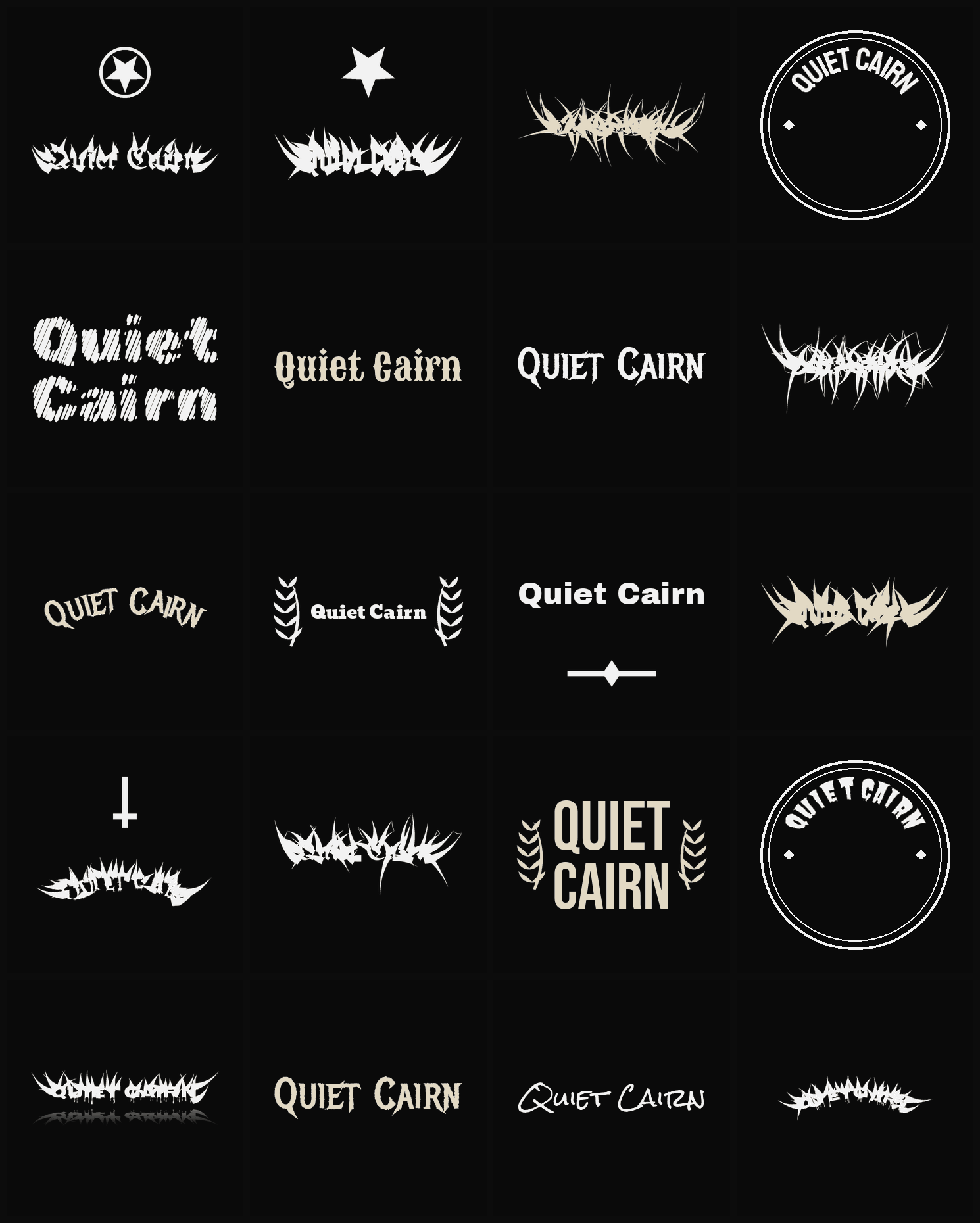 Twenty Quiet Cairn band logo ideas — different faces, treatments and spike settings