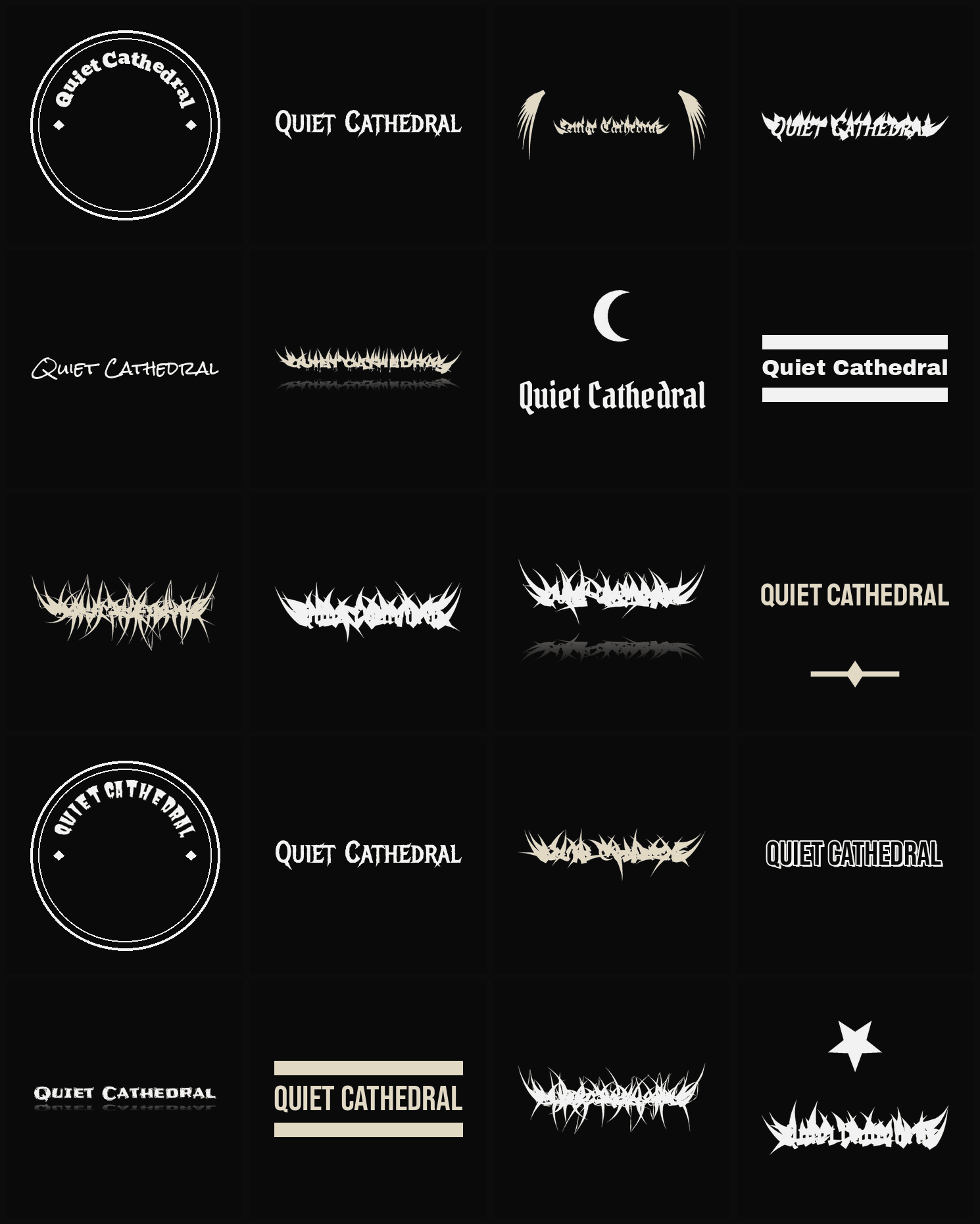 Twenty Quiet Cathedral band logo ideas — different faces, treatments and spike settings