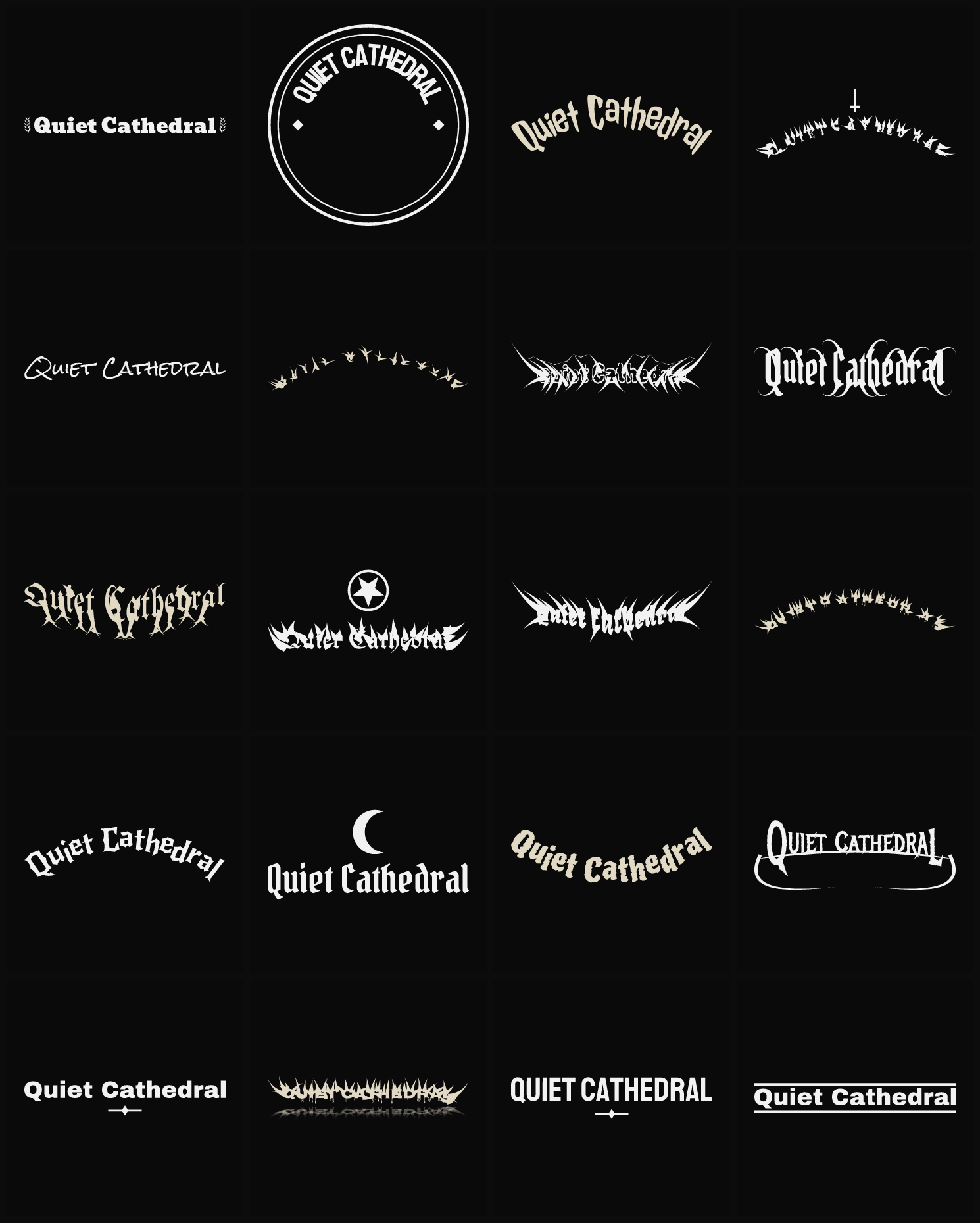 Twenty Quiet Cathedral band logo ideas — different faces, treatments and spike settings