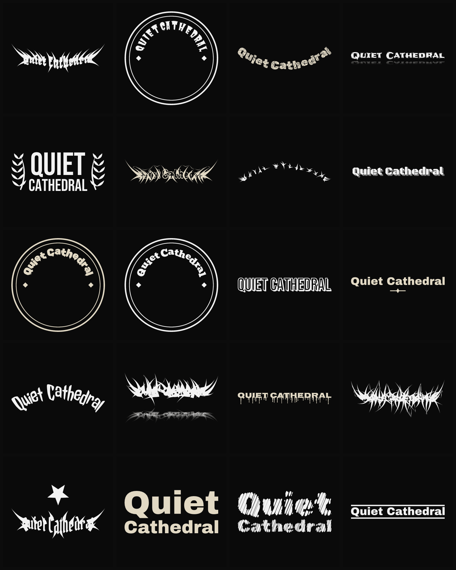 Twenty Quiet Cathedral band logo ideas — different faces, treatments and spike settings