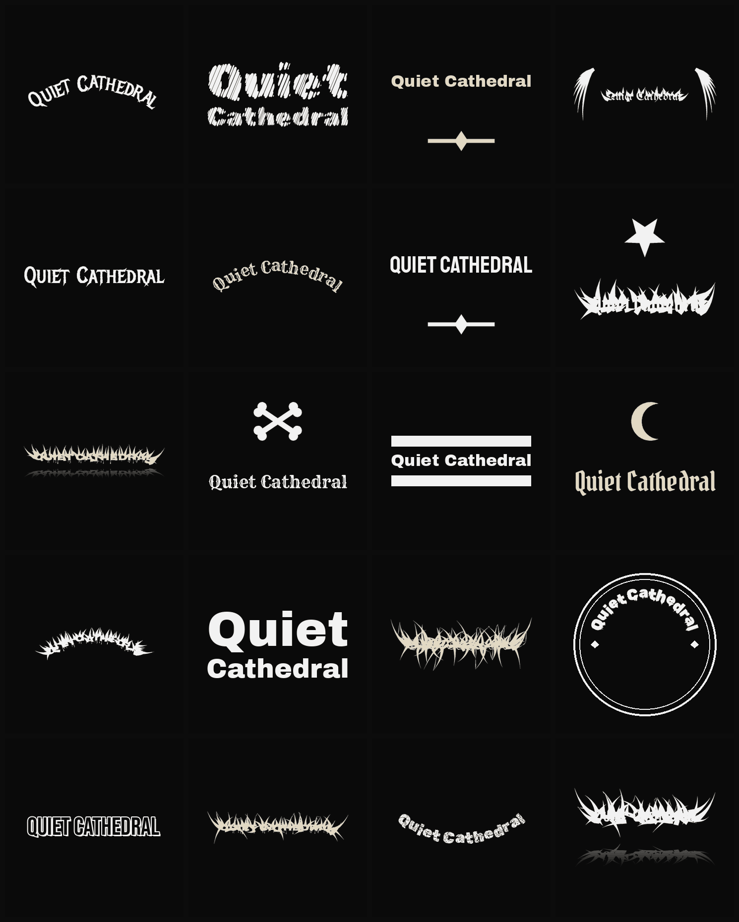 Twenty Quiet Cathedral band logo ideas — different faces, treatments and spike settings