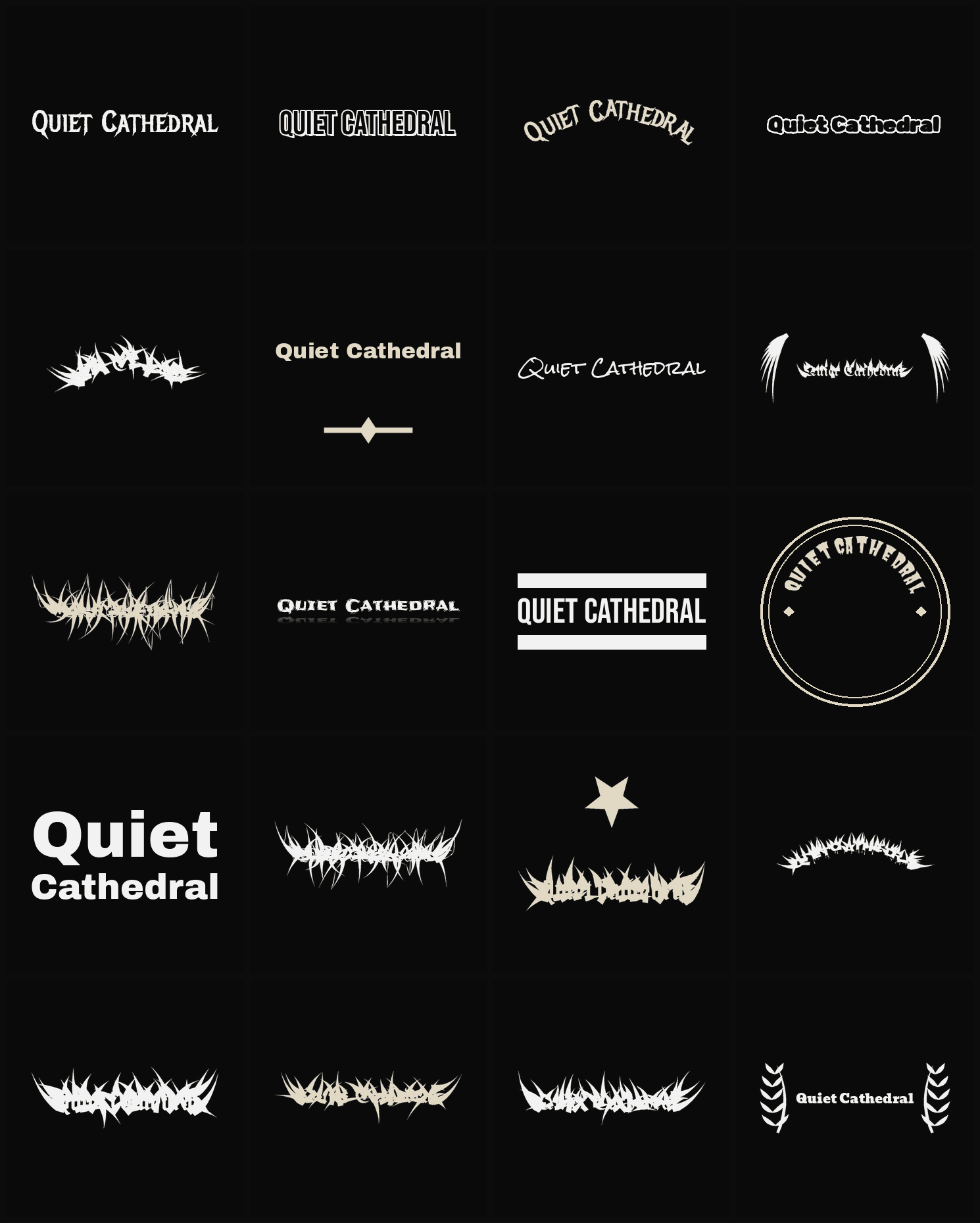 Twenty Quiet Cathedral band logo ideas — different faces, treatments and spike settings