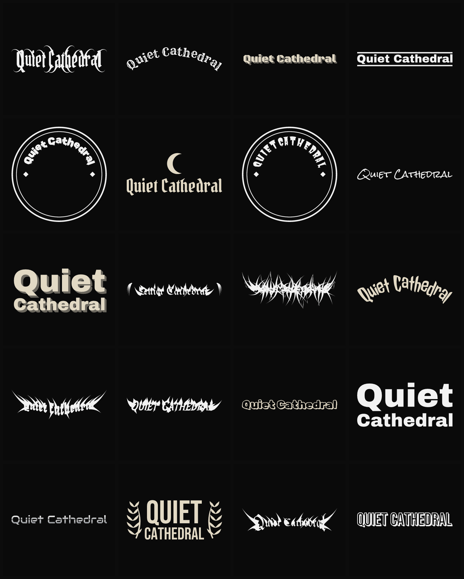 Twenty Quiet Cathedral band logo ideas — different faces, treatments and spike settings