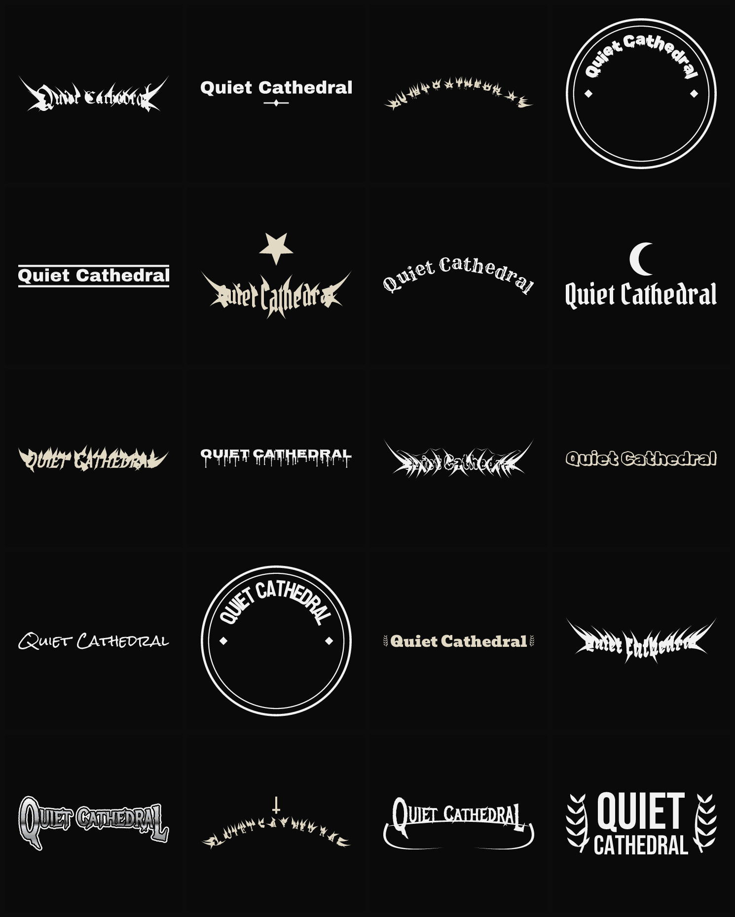 Twenty Quiet Cathedral band logo ideas — different faces, treatments and spike settings