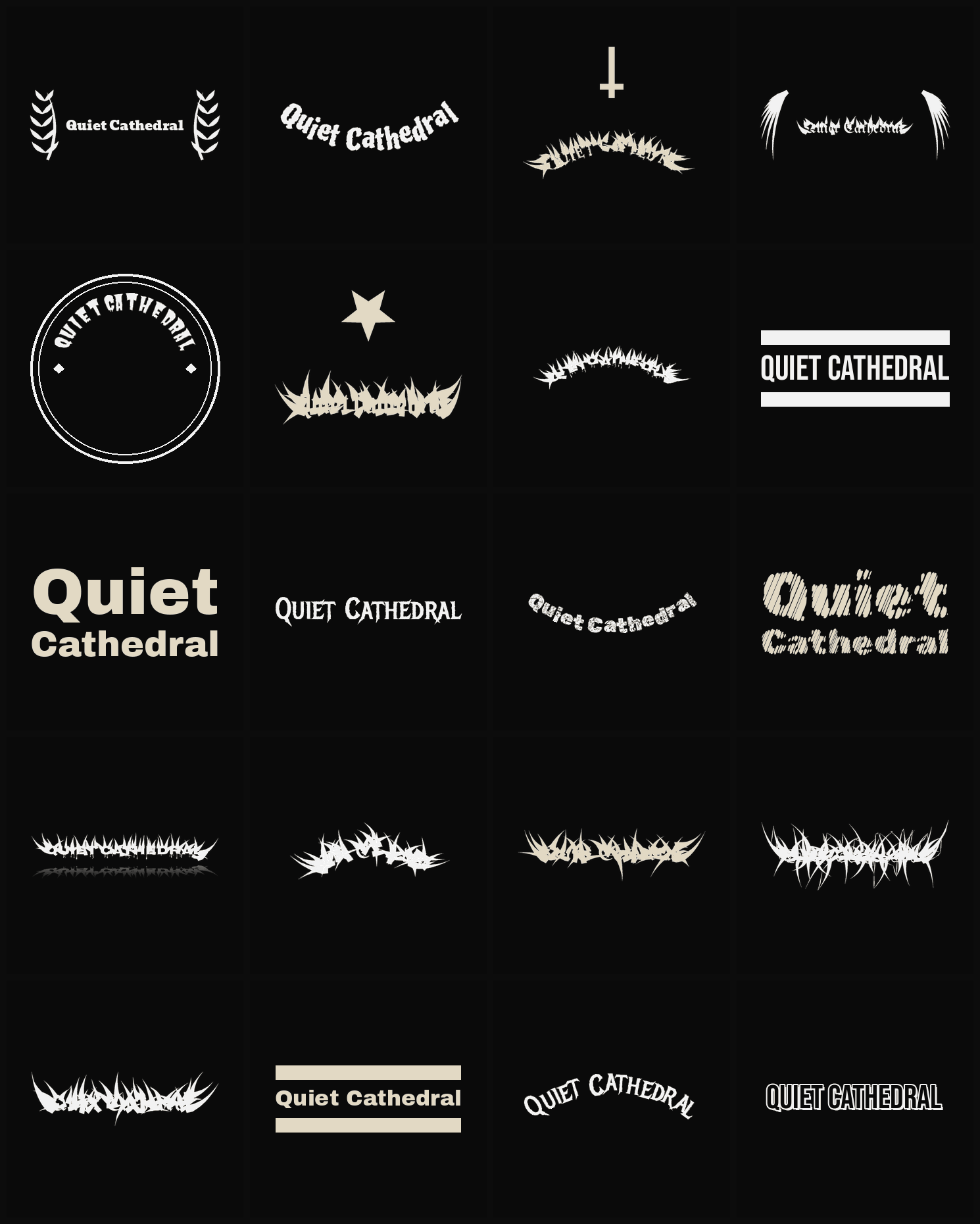 Twenty Quiet Cathedral band logo ideas — different faces, treatments and spike settings