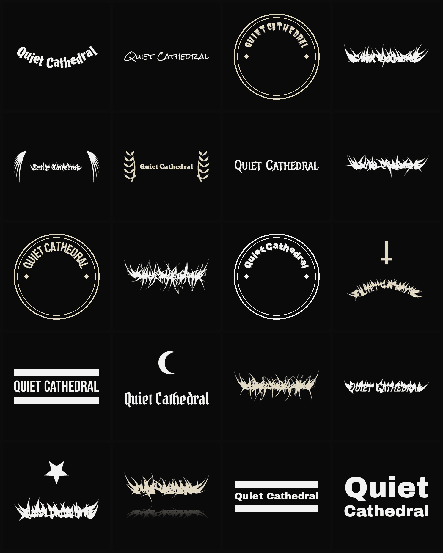 Twenty Quiet Cathedral band logo ideas — different faces, treatments and spike settings