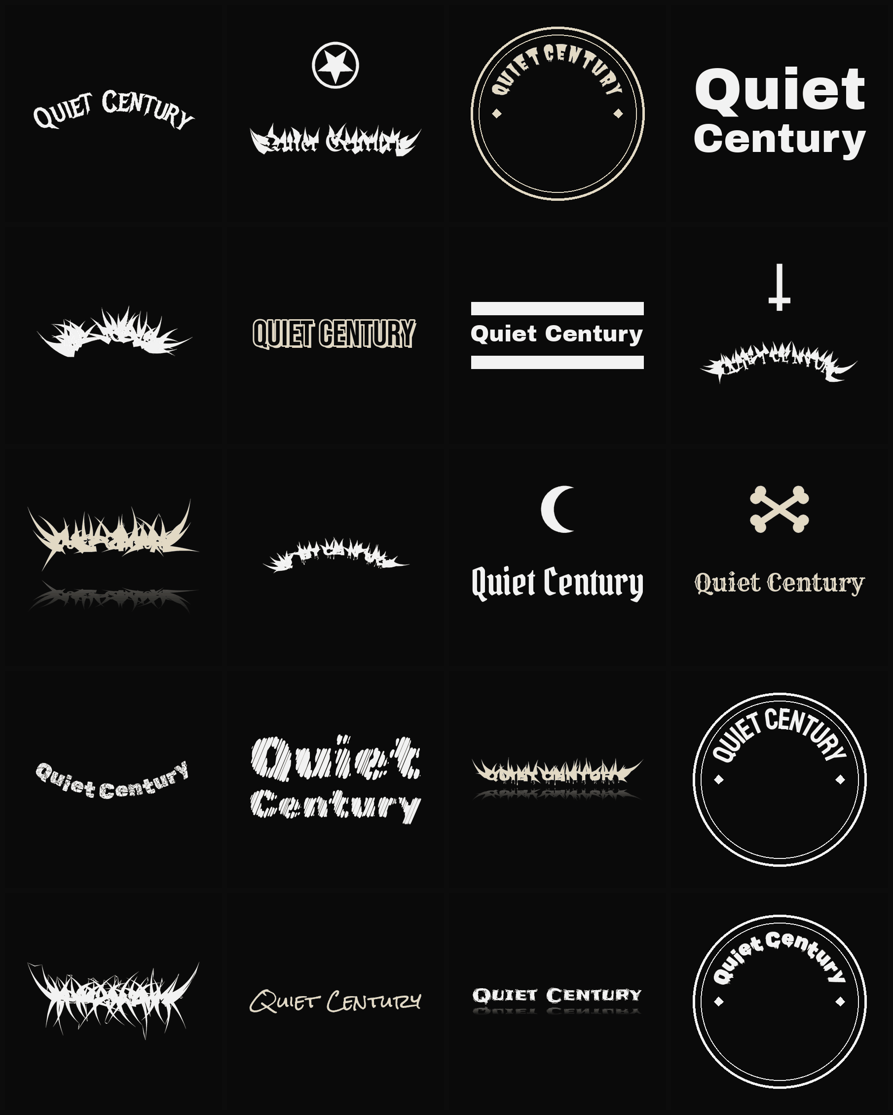 Twenty Quiet Century band logo ideas — different faces, treatments and spike settings