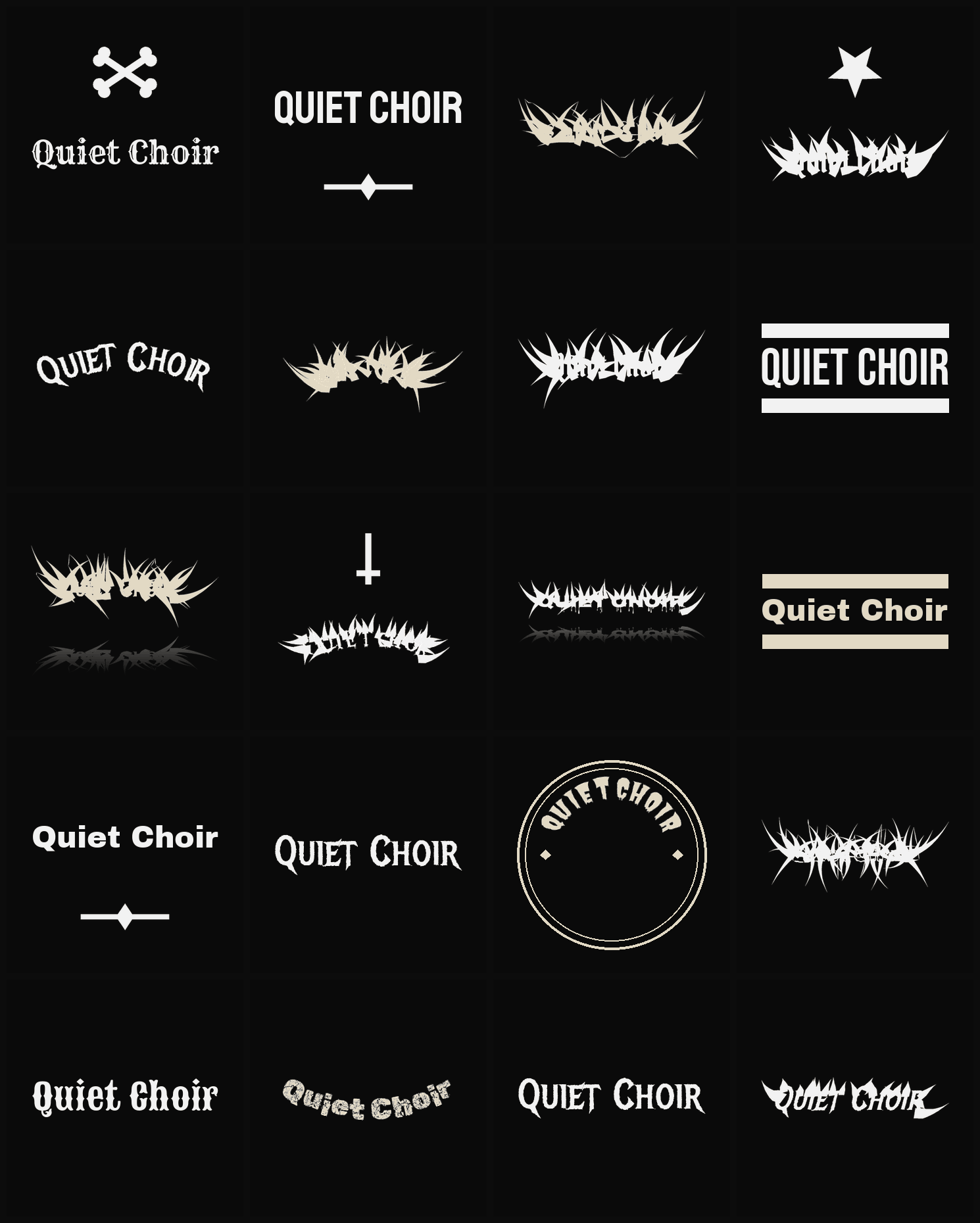 Twenty Quiet Choir band logo ideas — different faces, treatments and spike settings