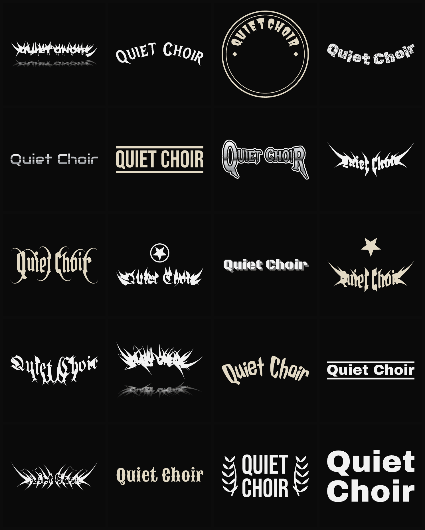Twenty Quiet Choir band logo ideas — different faces, treatments and spike settings