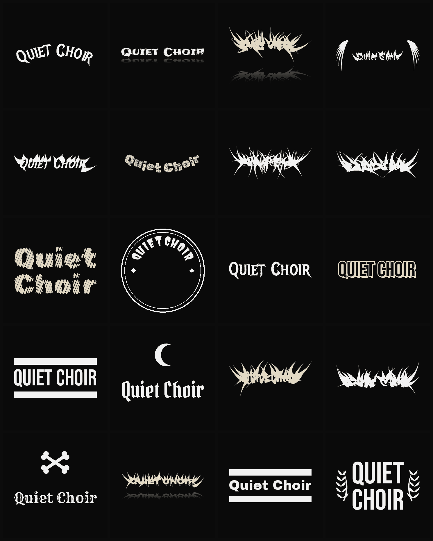 Twenty Quiet Choir band logo ideas — different faces, treatments and spike settings