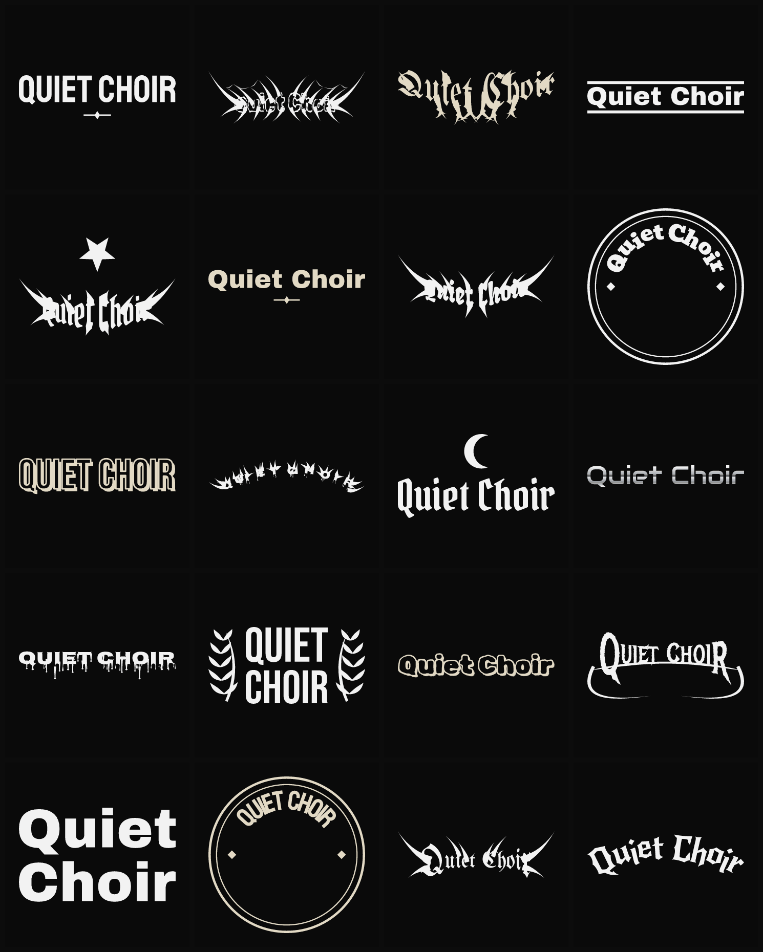 Twenty Quiet Choir band logo ideas — different faces, treatments and spike settings