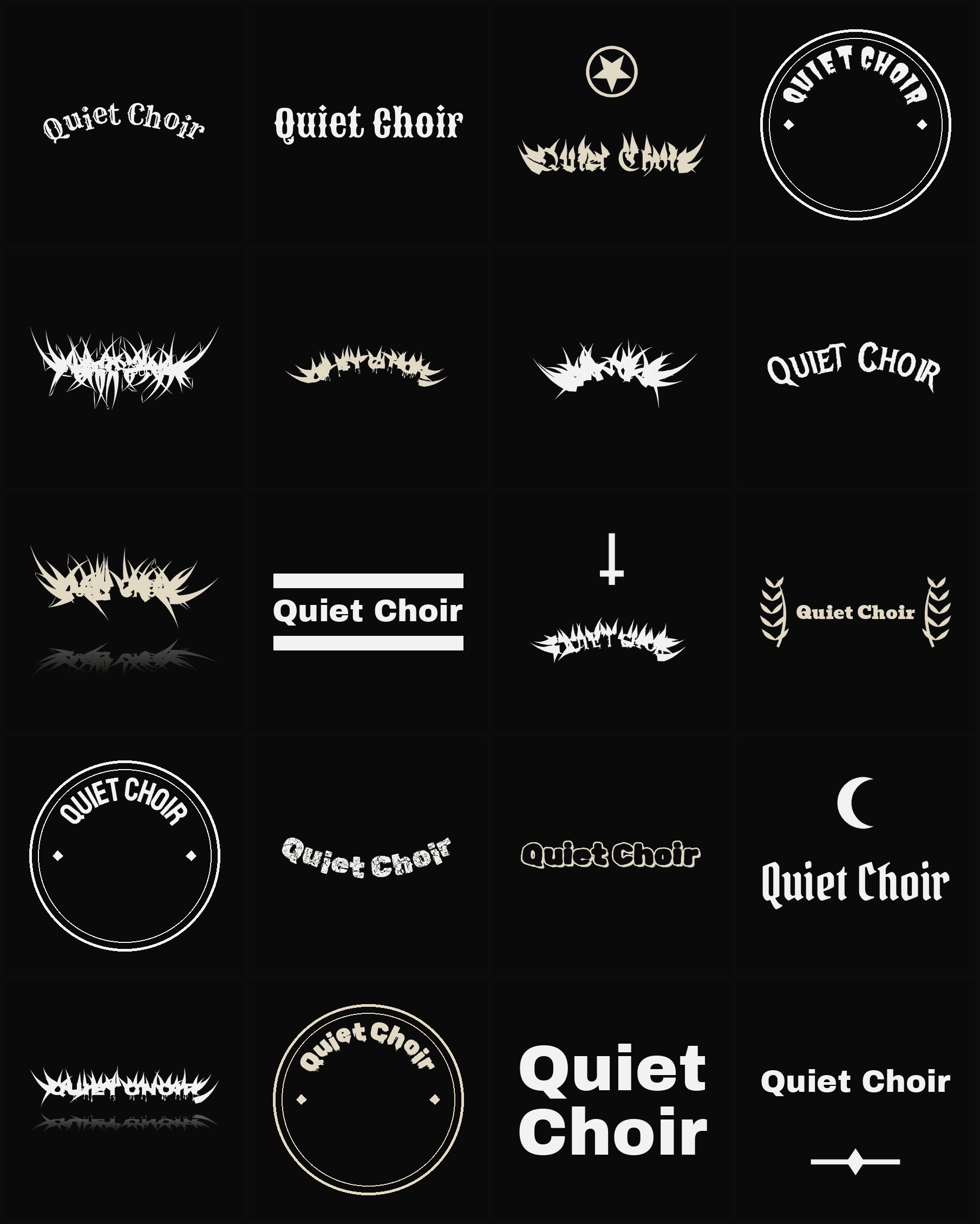 Twenty Quiet Choir band logo ideas — different faces, treatments and spike settings
