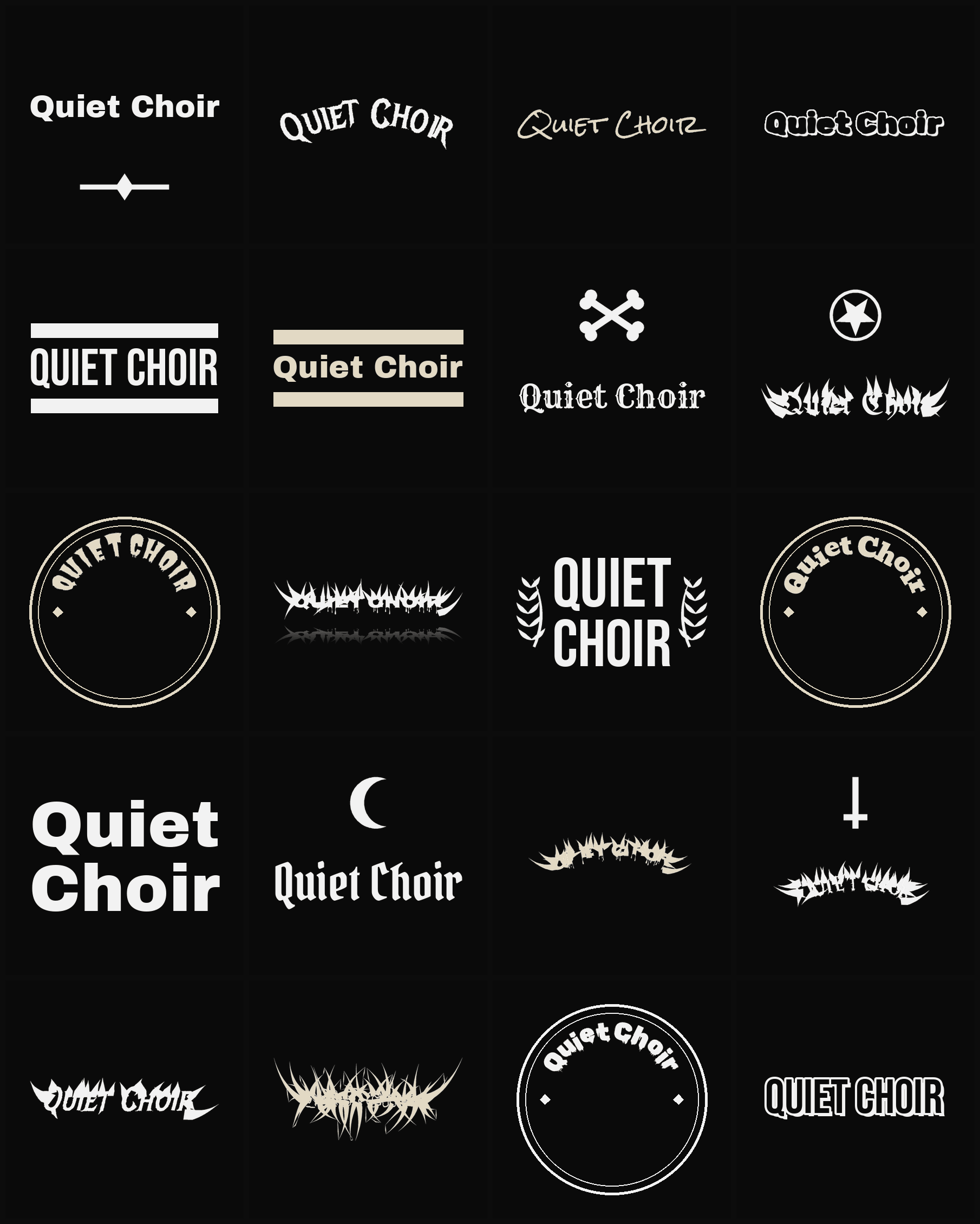 Twenty Quiet Choir band logo ideas — different faces, treatments and spike settings