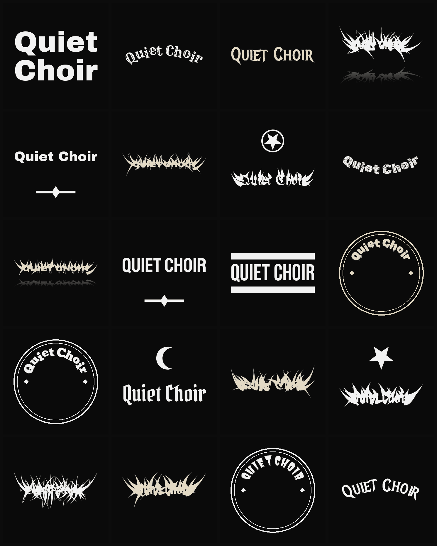 Twenty Quiet Choir band logo ideas — different faces, treatments and spike settings