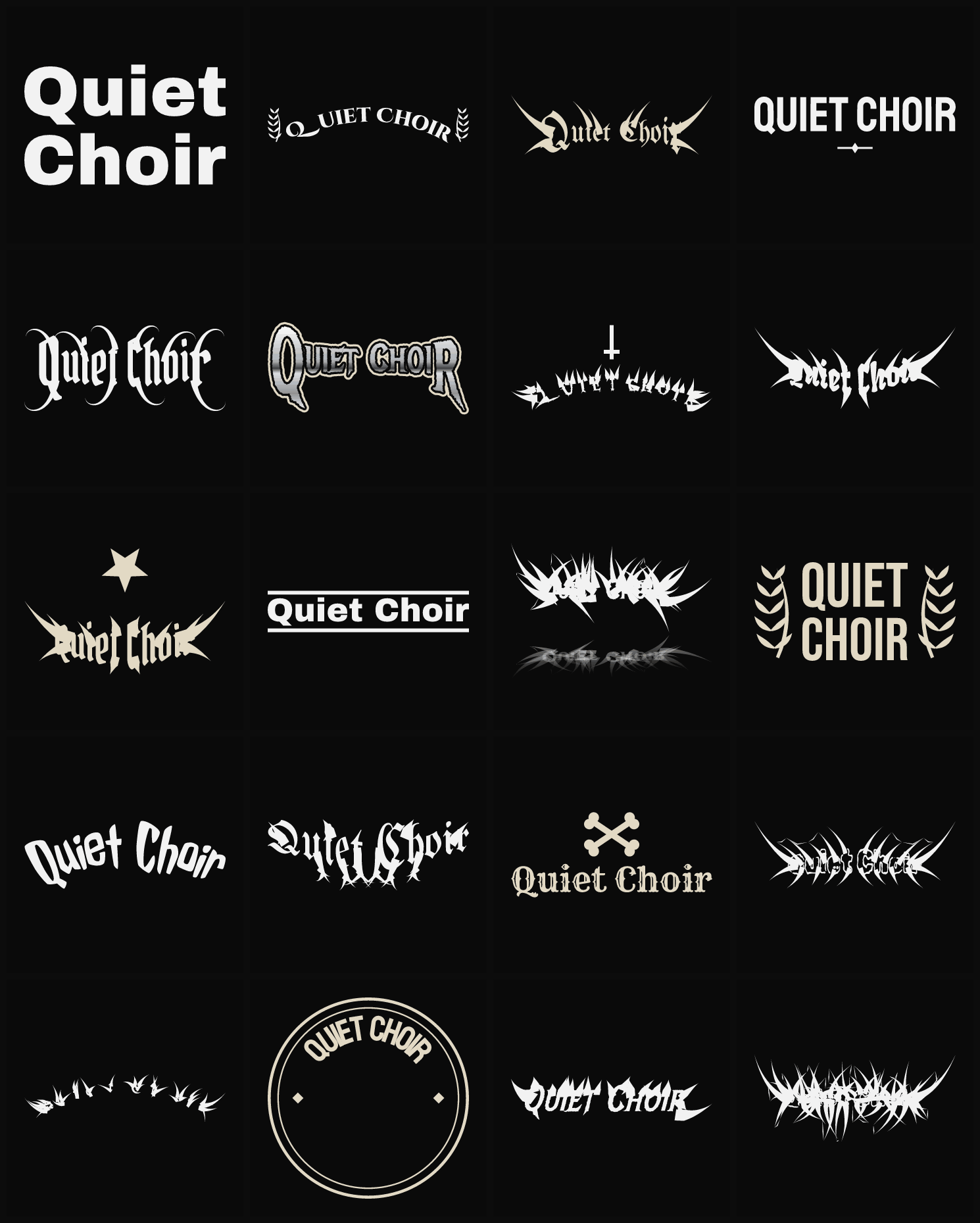 Twenty Quiet Choir band logo ideas — different faces, treatments and spike settings