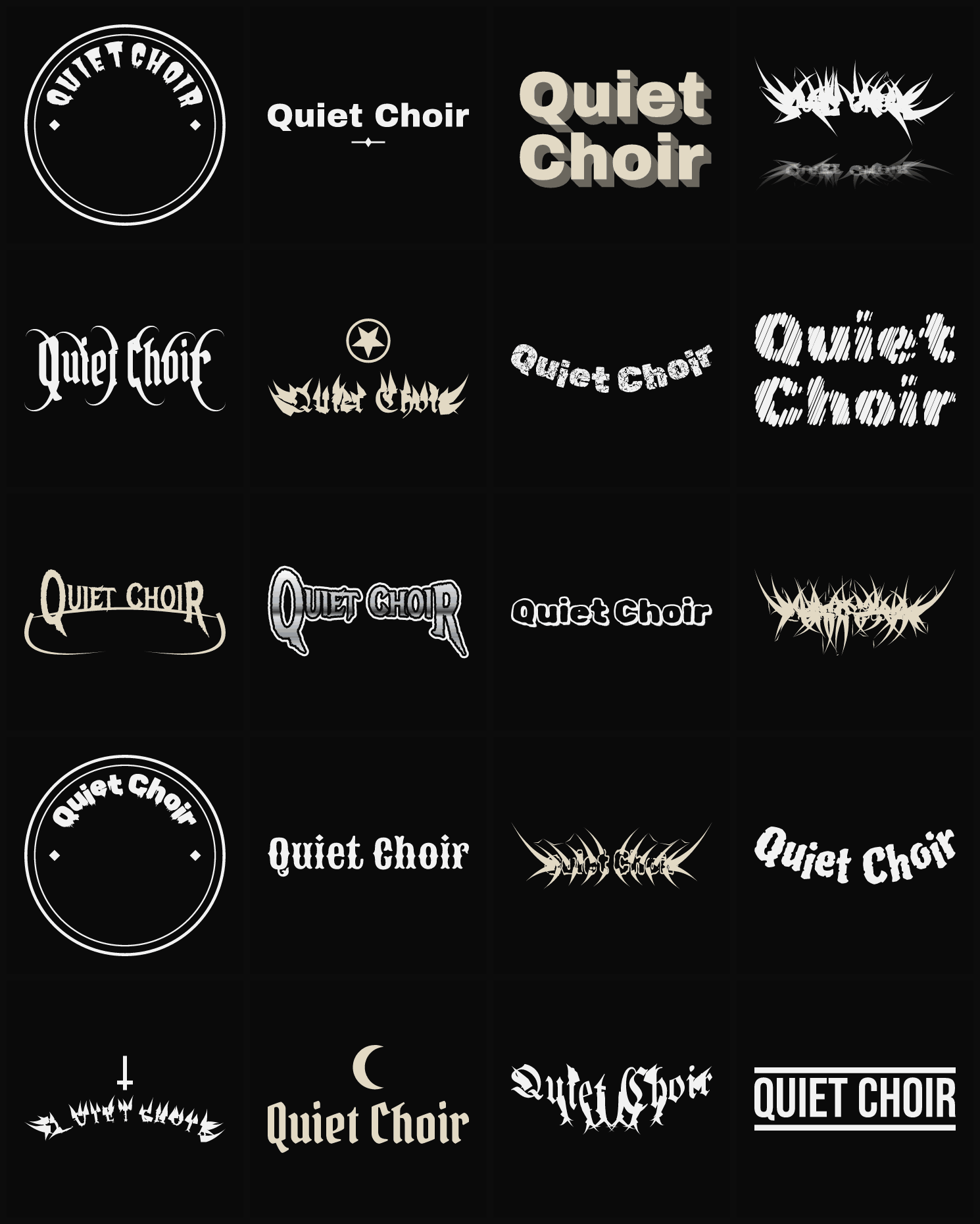 Twenty Quiet Choir band logo ideas — different faces, treatments and spike settings