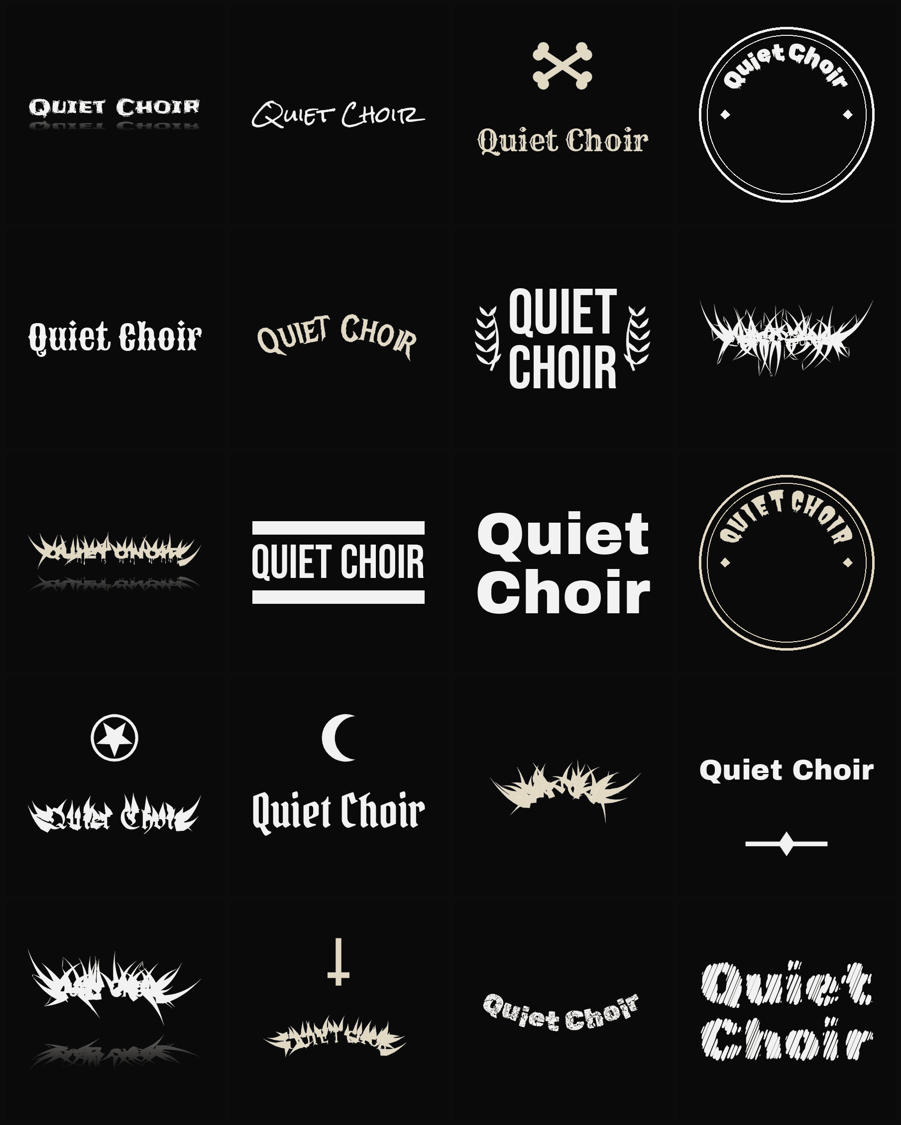 Twenty Quiet Choir band logo ideas — different faces, treatments and spike settings