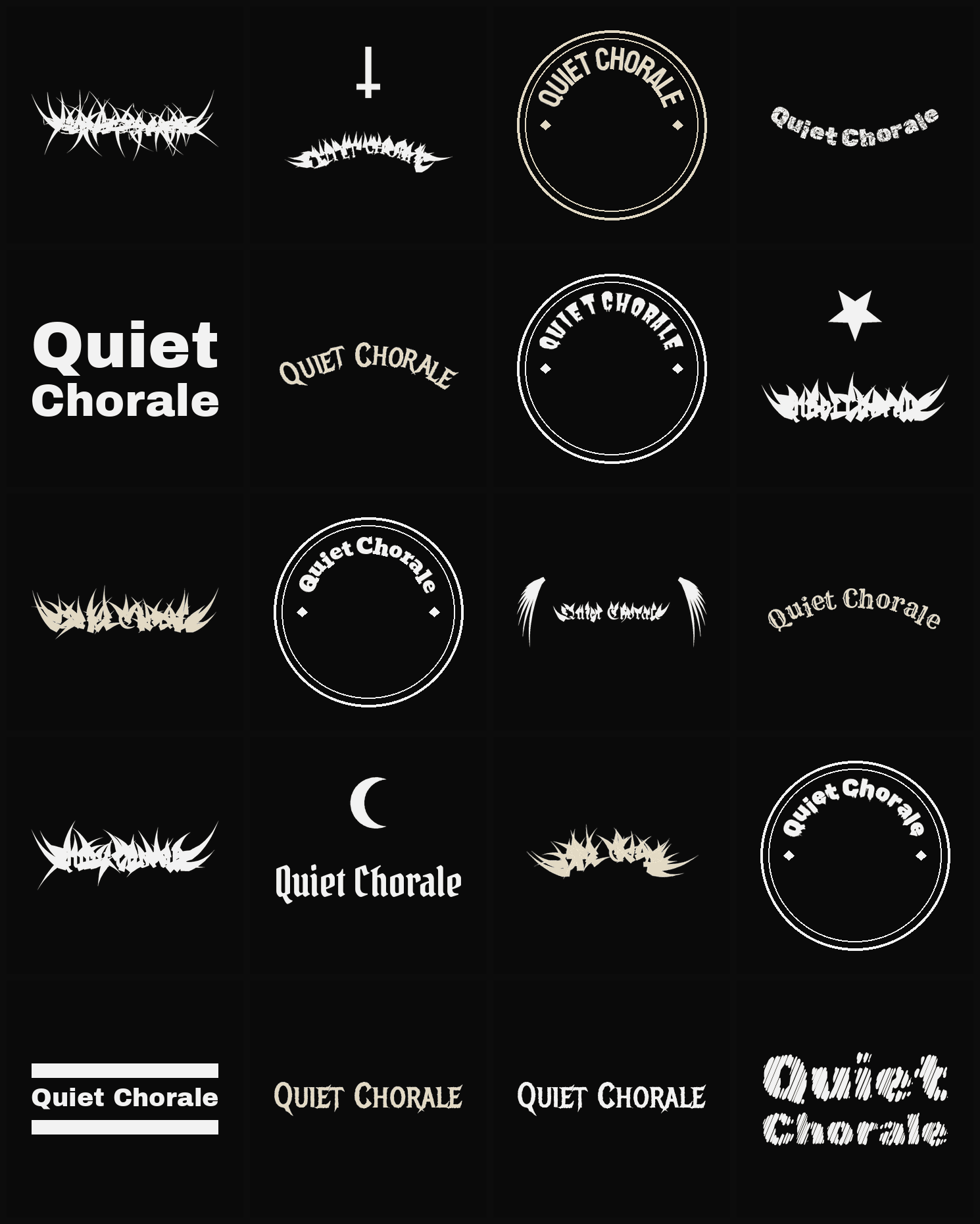 Twenty Quiet Chorale band logo ideas — different faces, treatments and spike settings