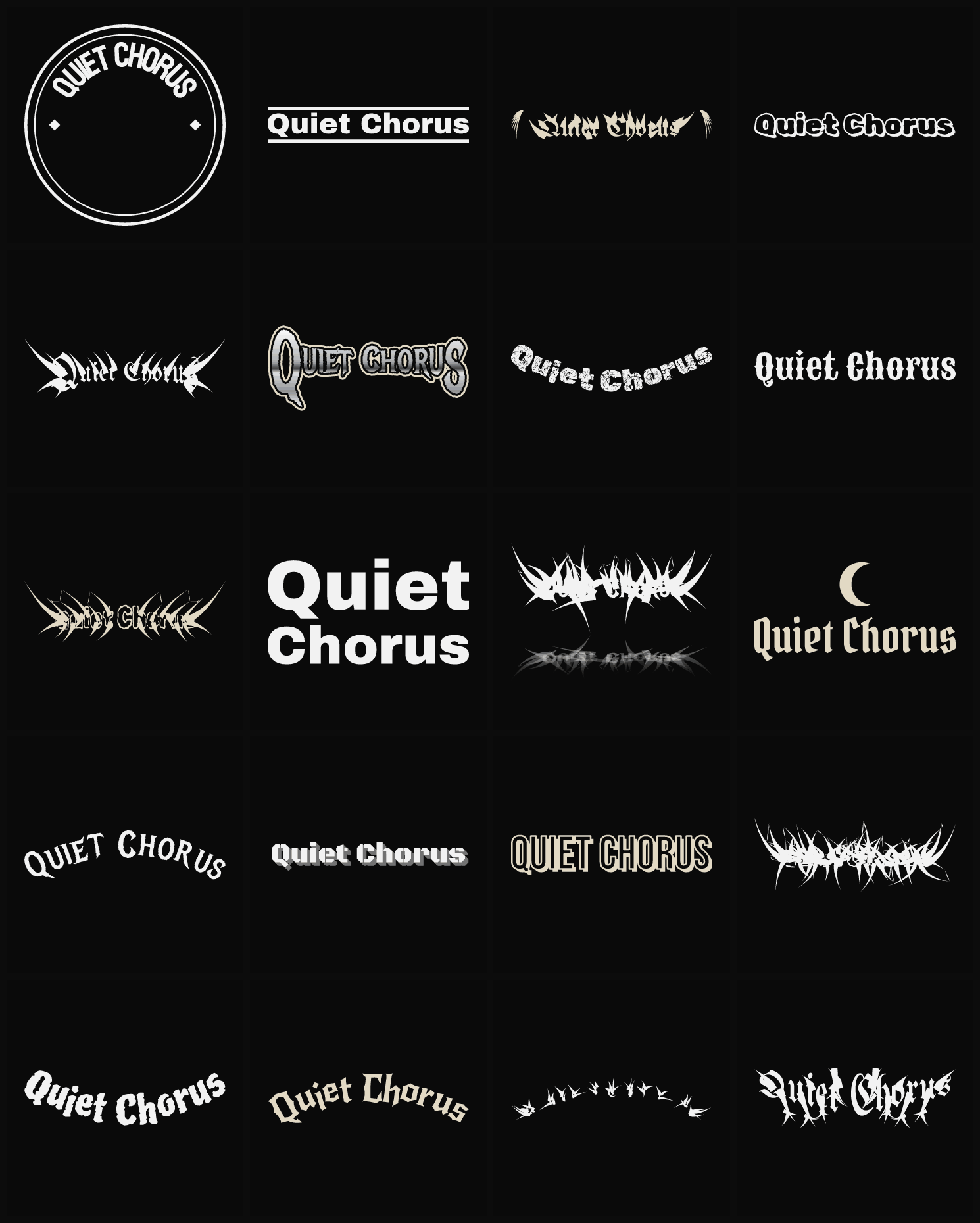 Twenty Quiet Chorus band logo ideas — different faces, treatments and spike settings