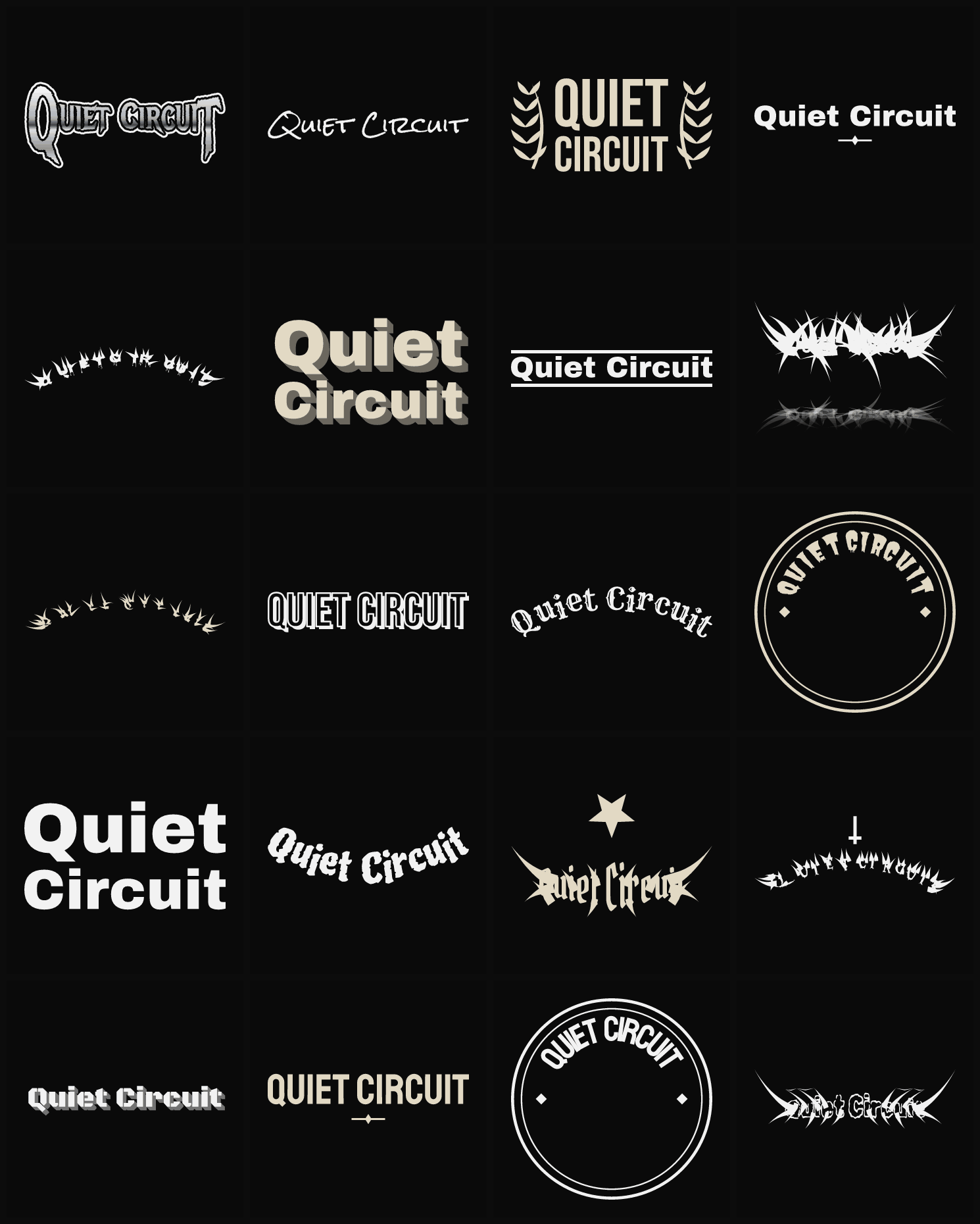 Twenty Quiet Circuit band logo ideas — different faces, treatments and spike settings