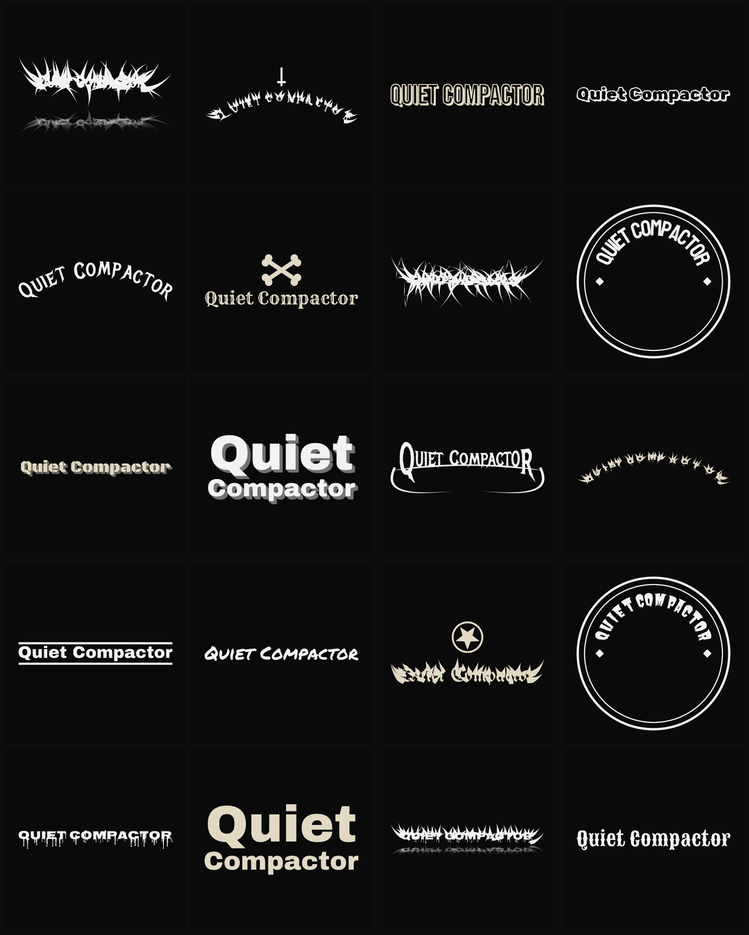 Twenty Quiet Compactor band logo ideas — different faces, treatments and spike settings