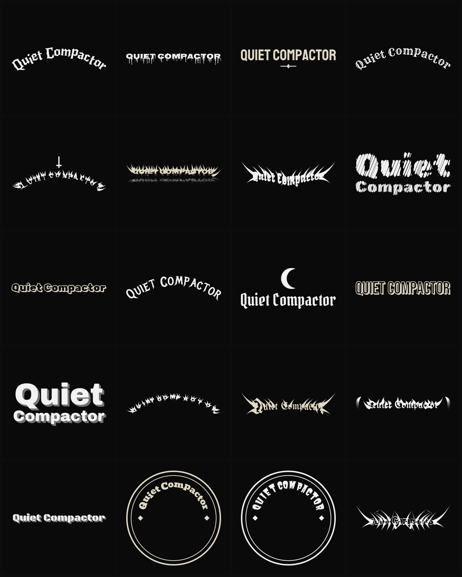 Twenty Quiet Compactor band logo ideas — different faces, treatments and spike settings