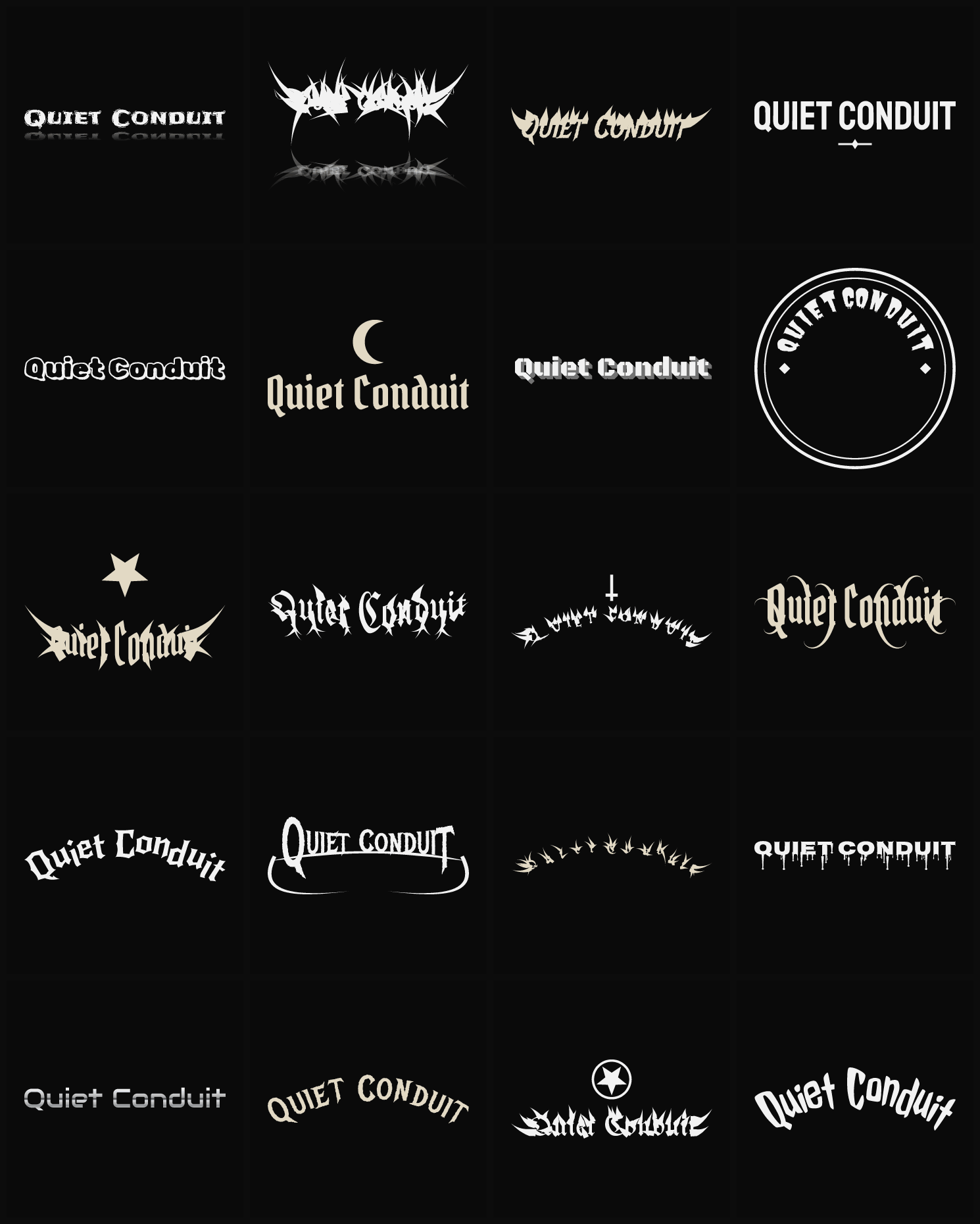 Twenty Quiet Conduit band logo ideas — different faces, treatments and spike settings