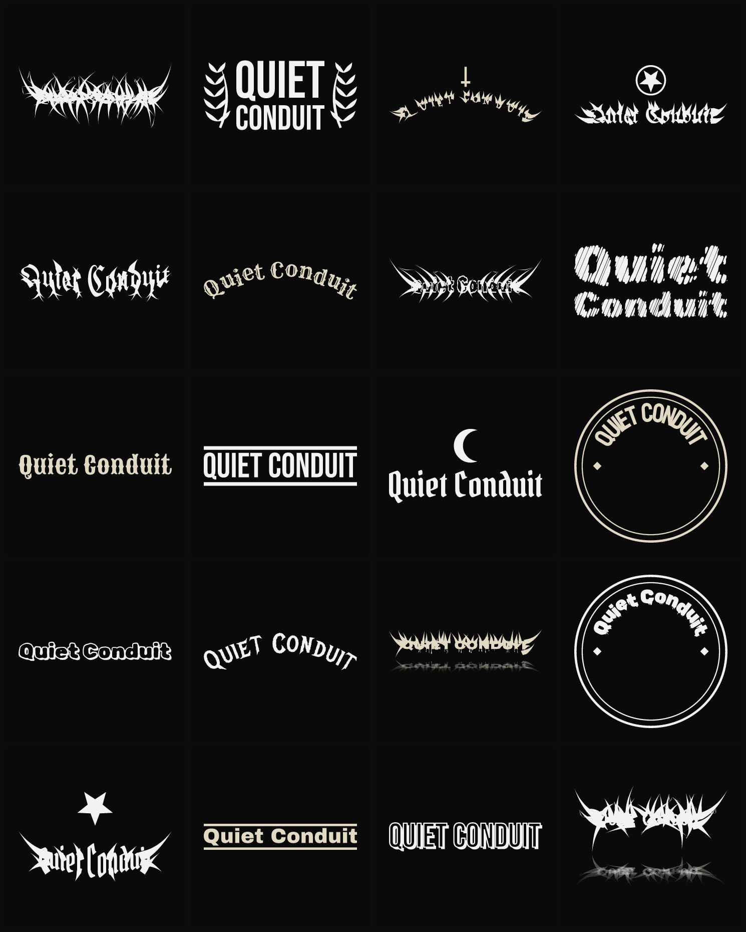 Twenty Quiet Conduit band logo ideas — different faces, treatments and spike settings
