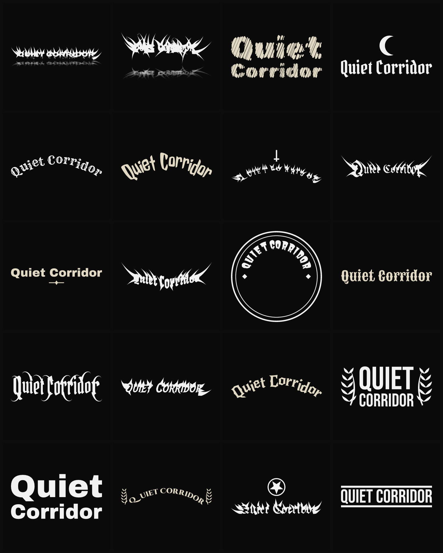 Twenty Quiet Corridor band logo ideas — different faces, treatments and spike settings