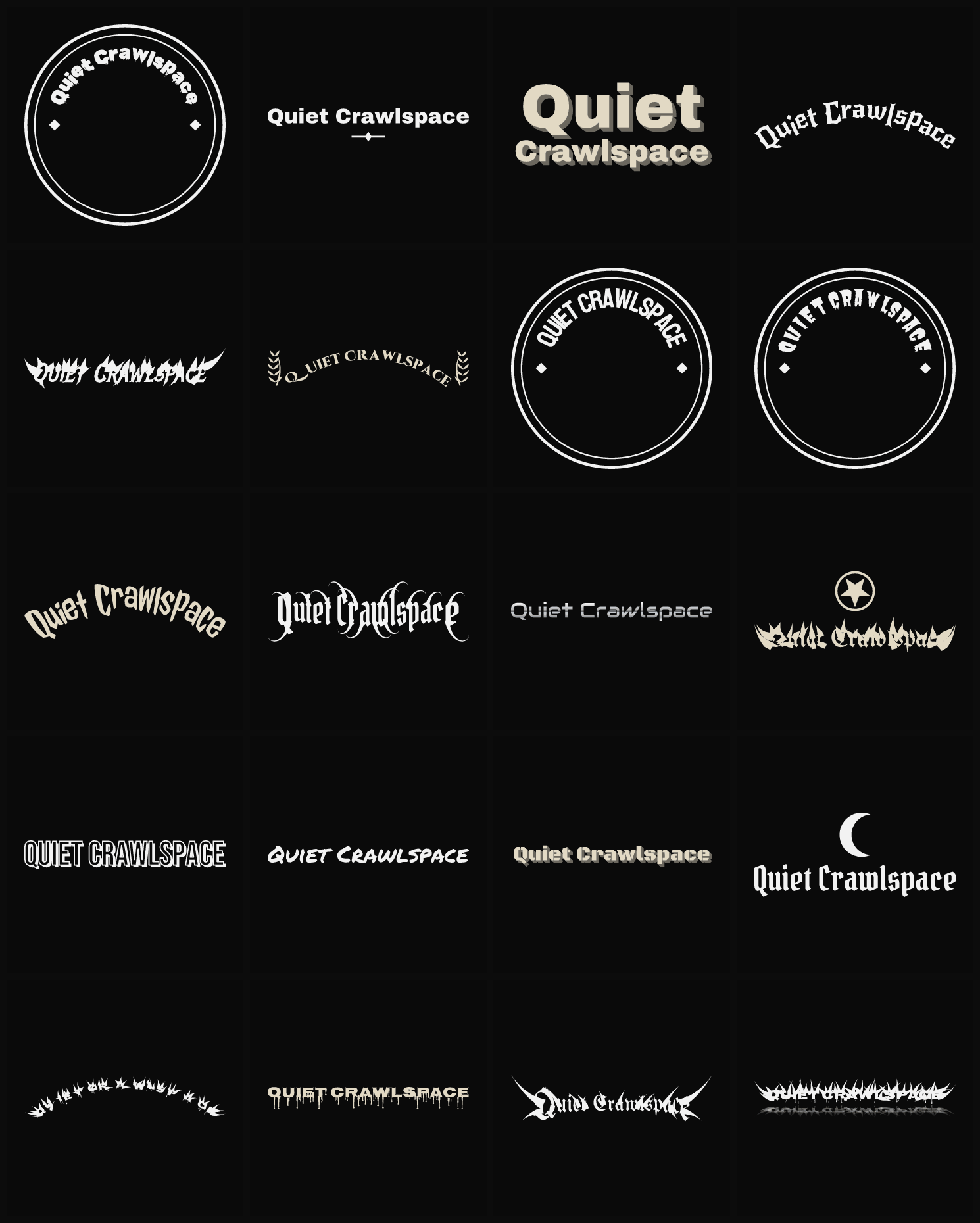 Twenty Quiet Crawlspace band logo ideas — different faces, treatments and spike settings