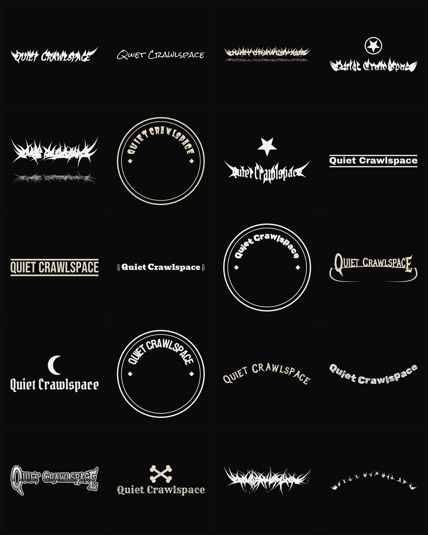 Twenty Quiet Crawlspace band logo ideas — different faces, treatments and spike settings