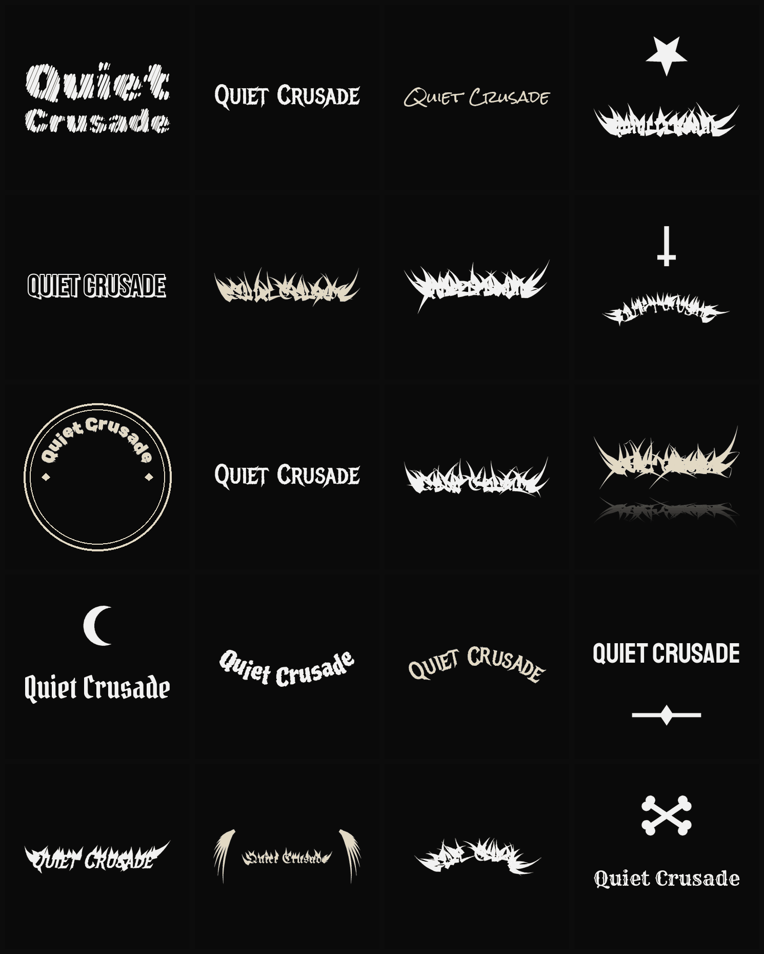 Twenty Quiet Crusade band logo ideas — different faces, treatments and spike settings