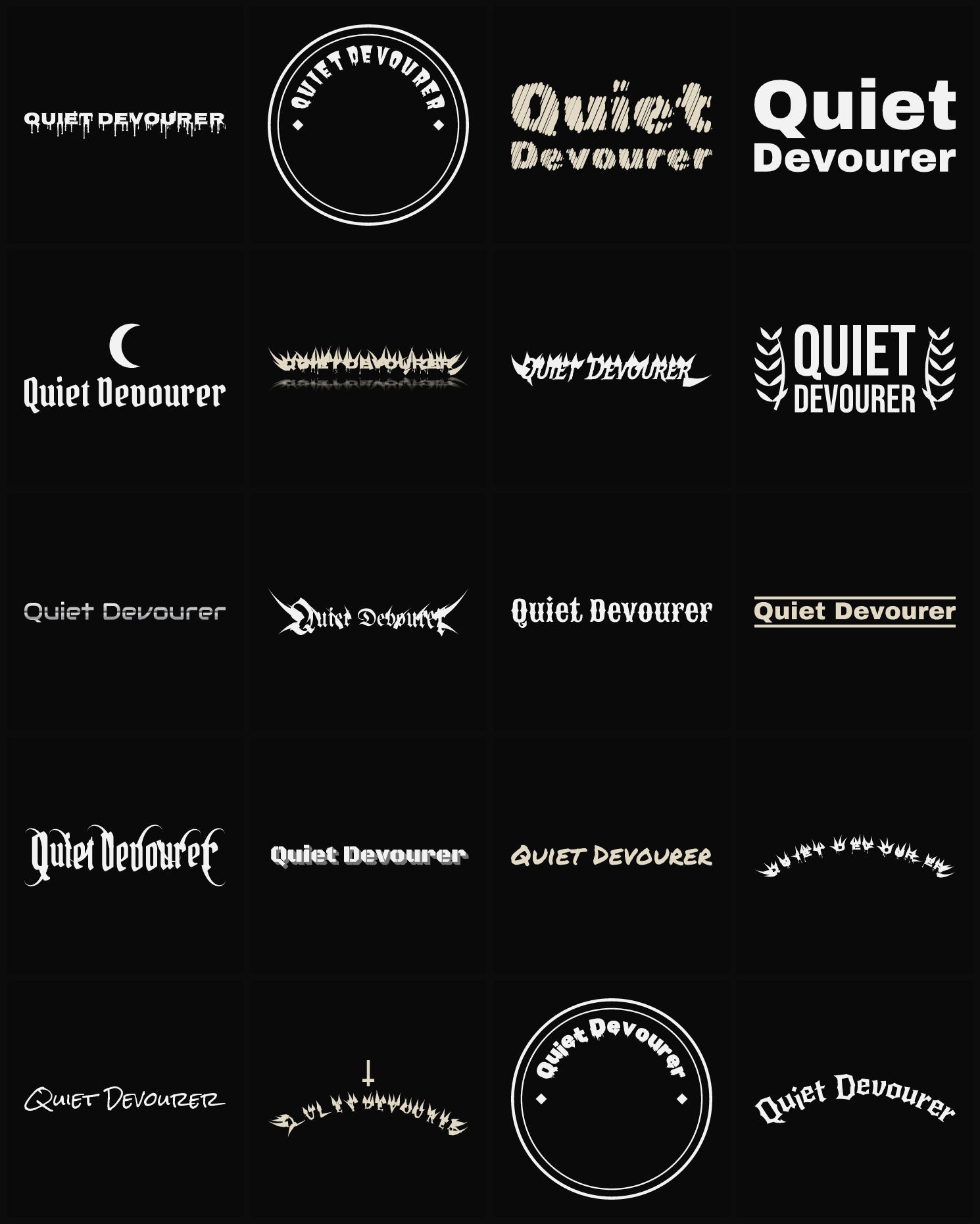 Twenty Quiet Devourer band logo ideas — different faces, treatments and spike settings