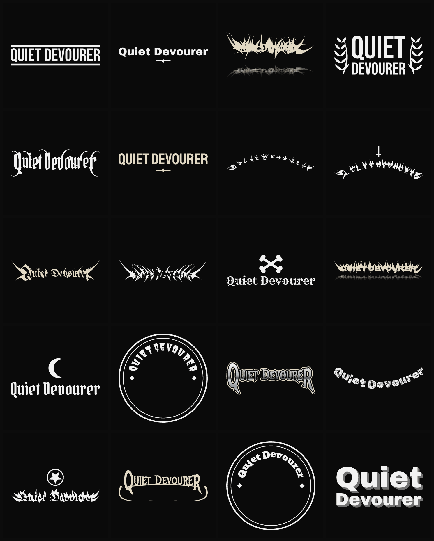 Twenty Quiet Devourer band logo ideas — different faces, treatments and spike settings