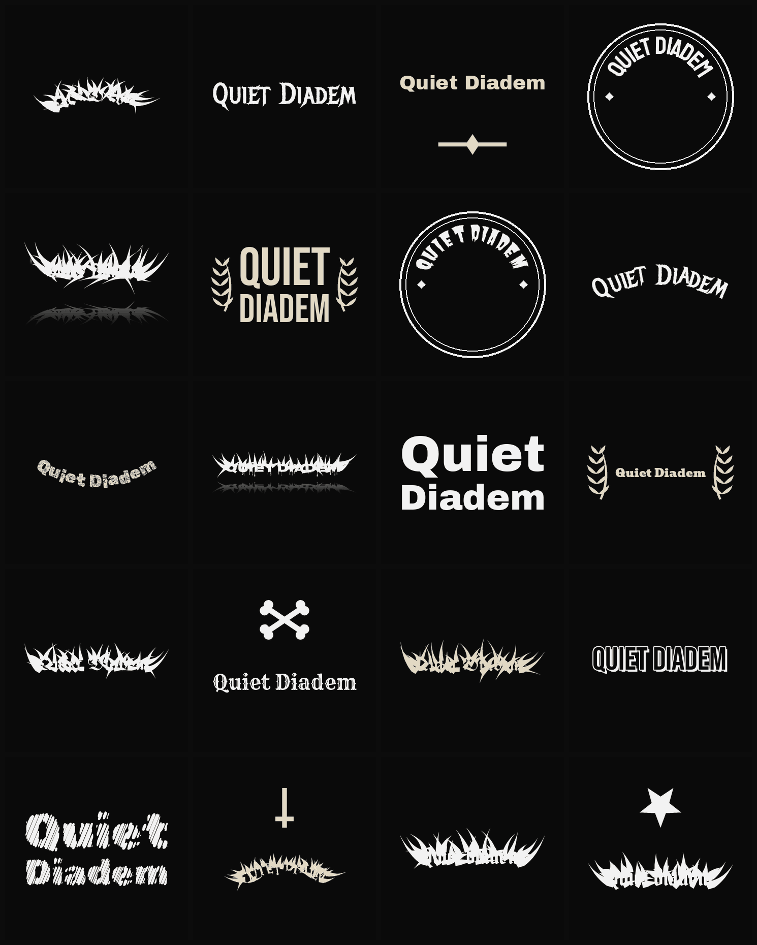 Twenty Quiet Diadem band logo ideas — different faces, treatments and spike settings
